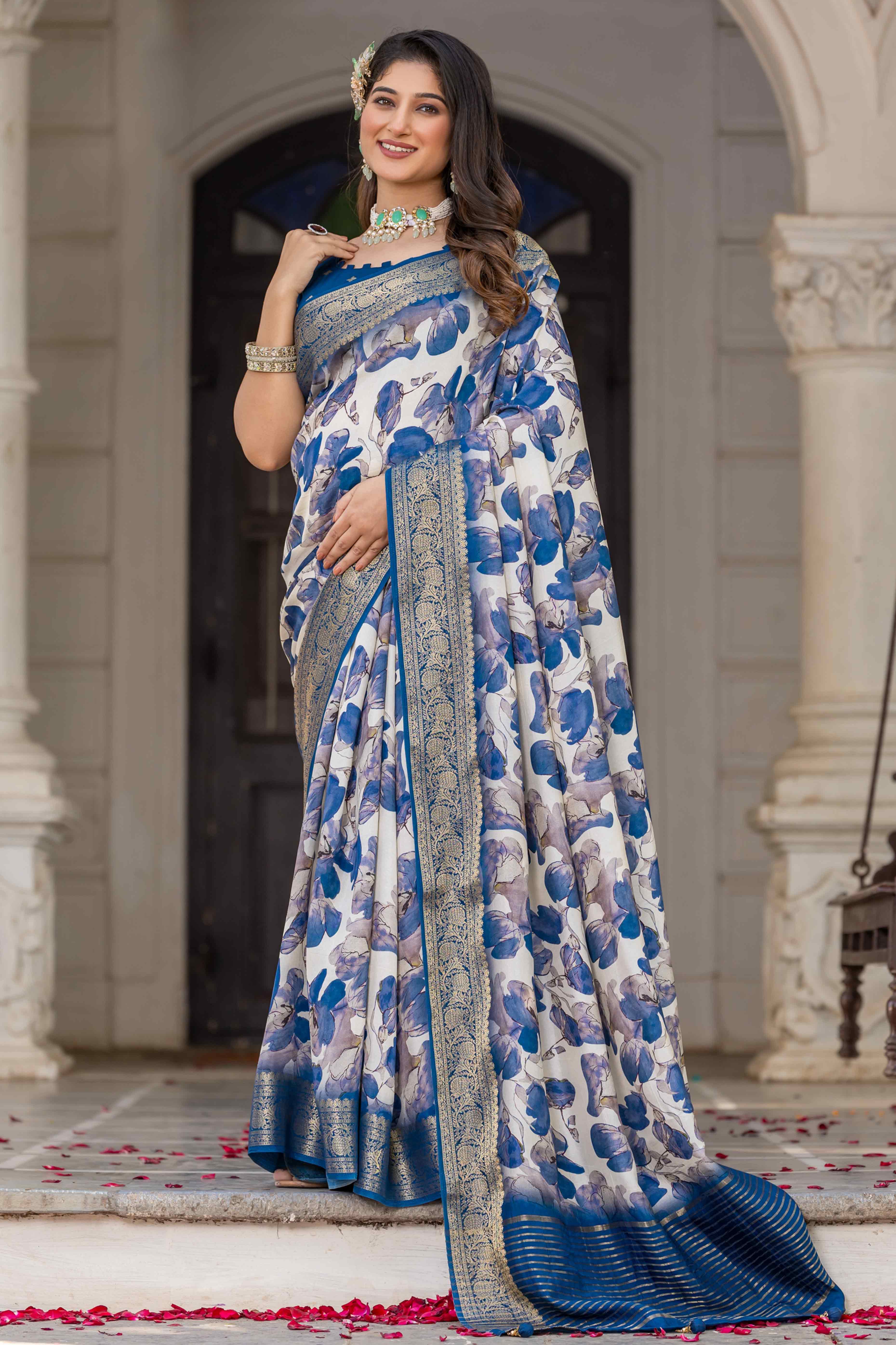 White & Blue Floral Printed Viscose Saree