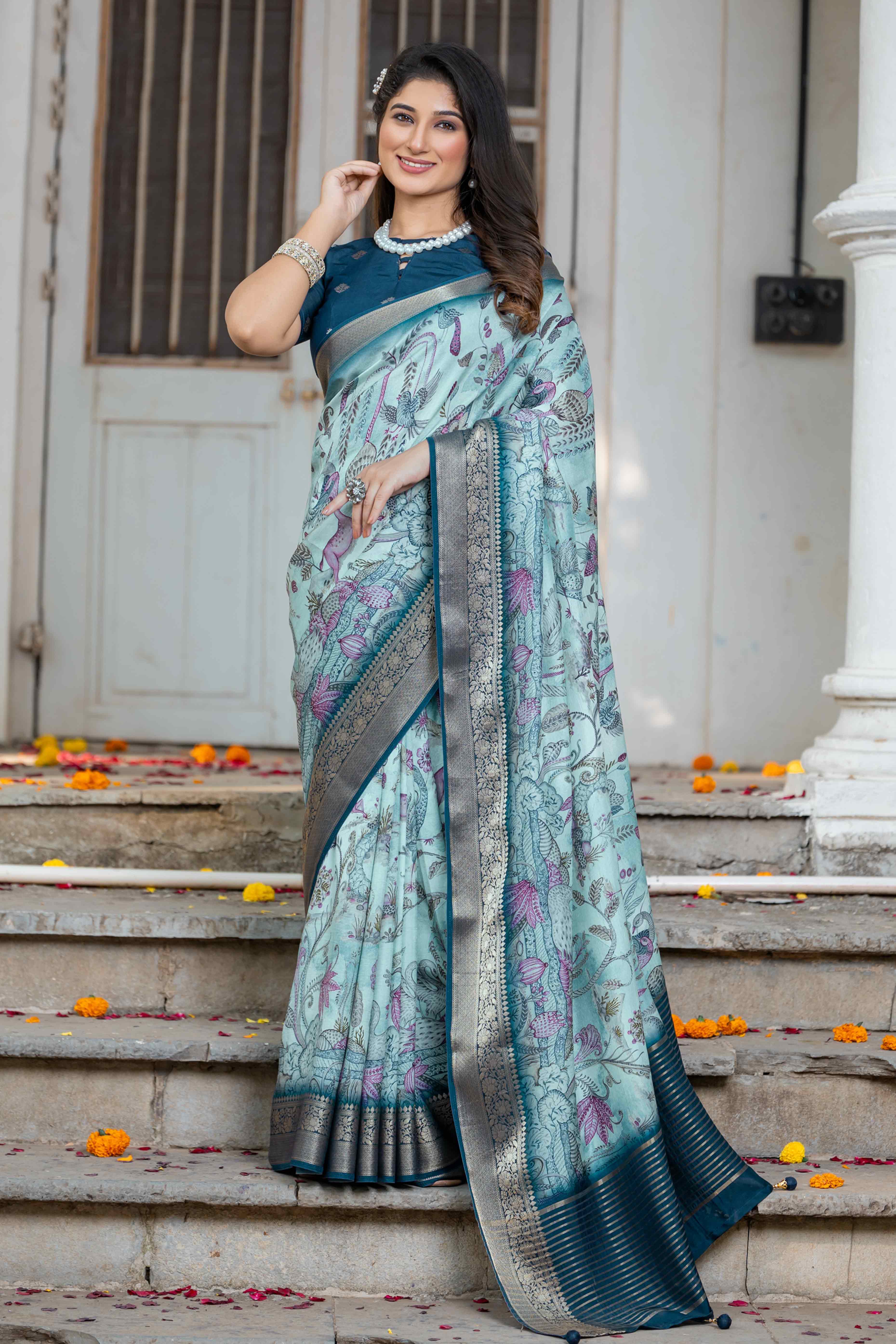 Sea Green Floral Printed Viscose Saree
