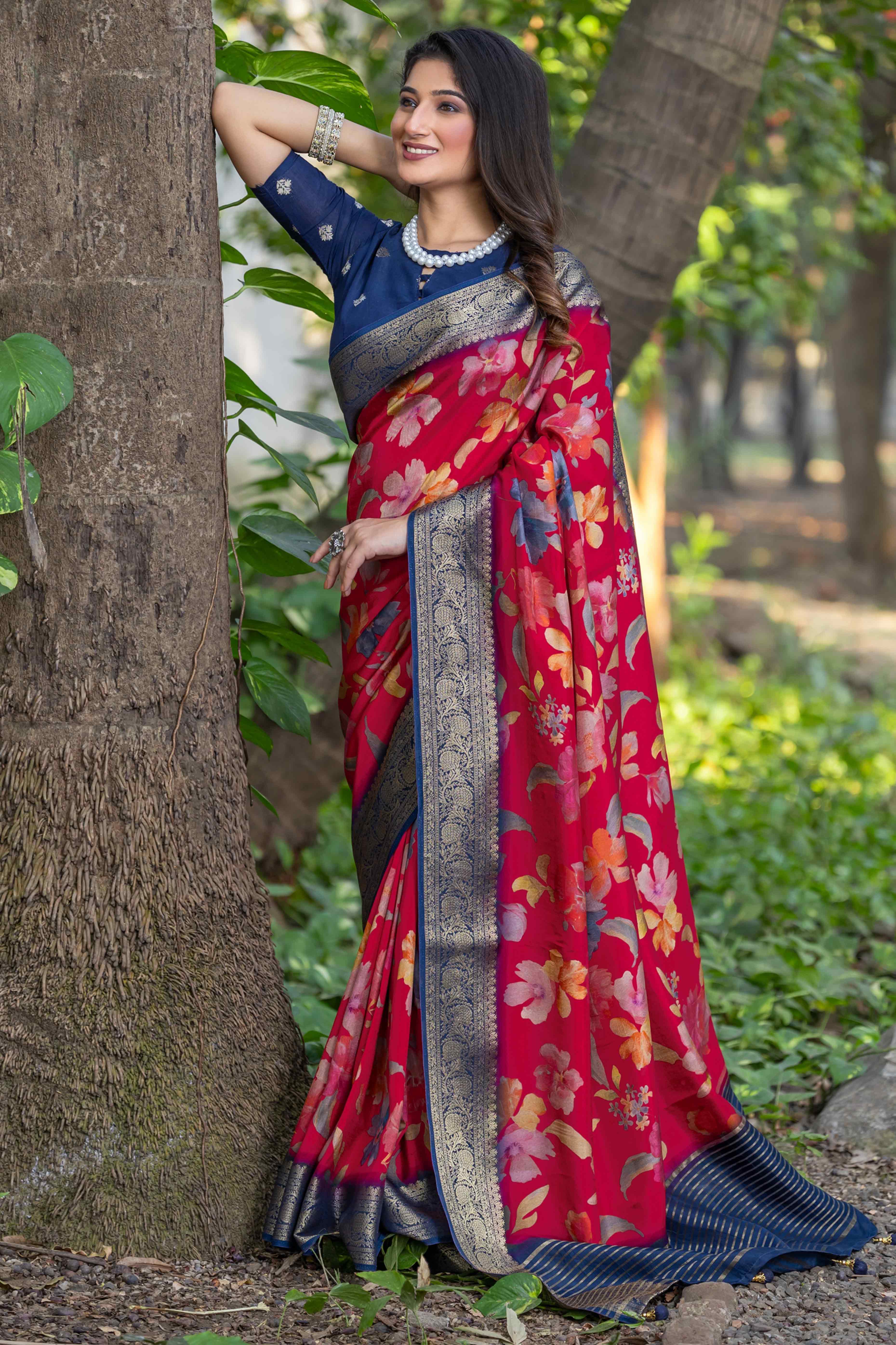 Red Floral Printed Viscose Saree