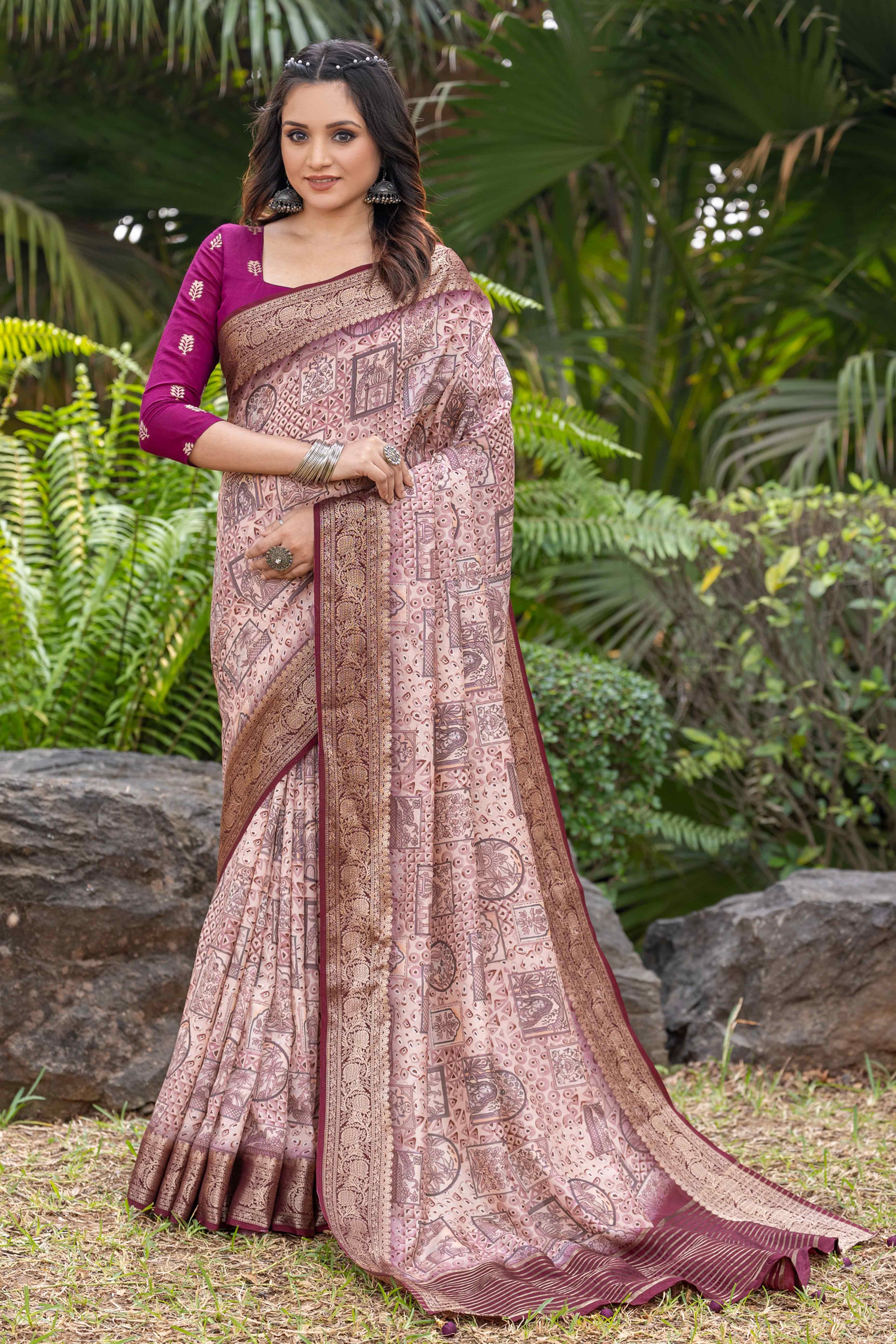Light Pink Geometric Printed Viscose Saree