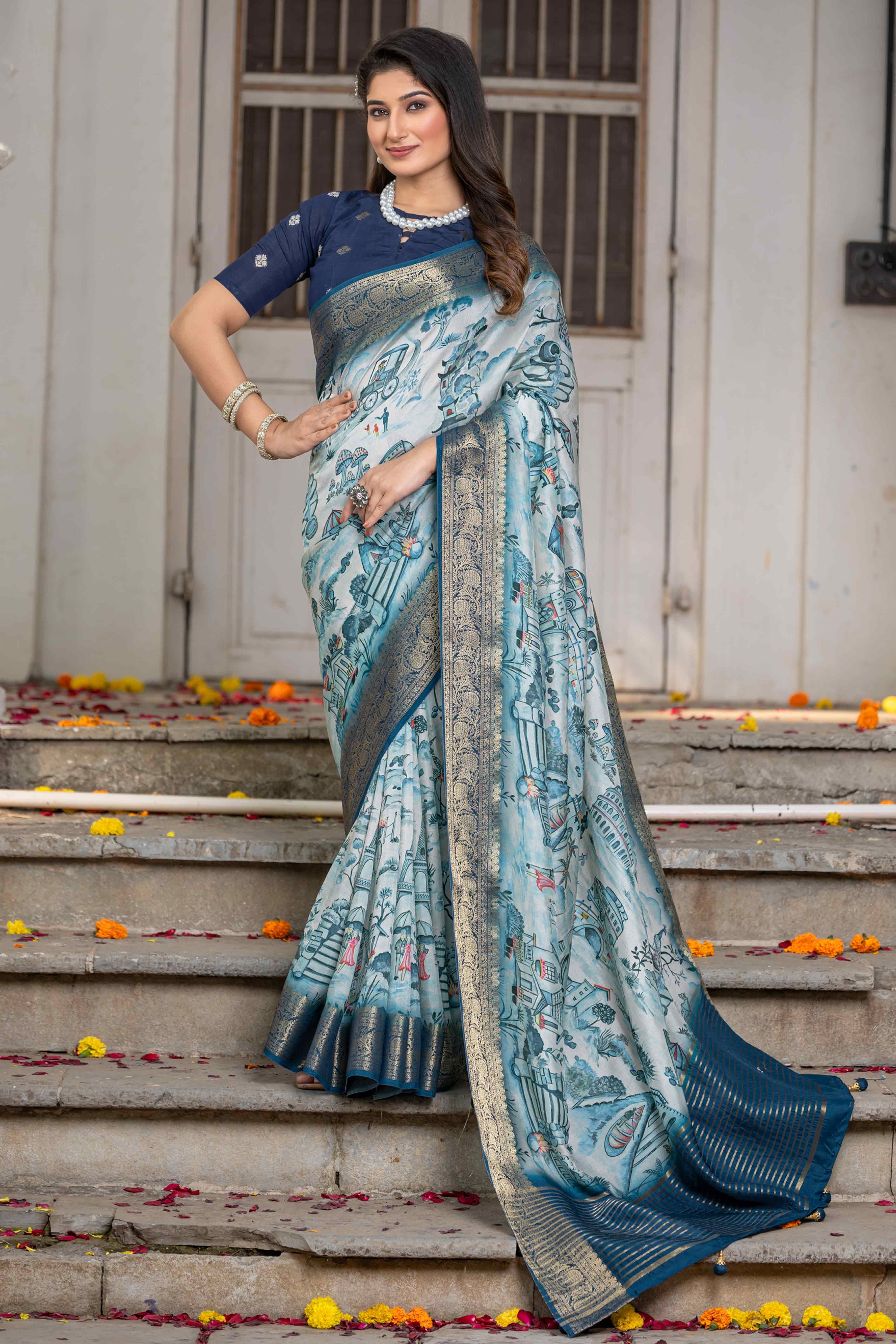 White & Teal Floral Printed Viscose Saree