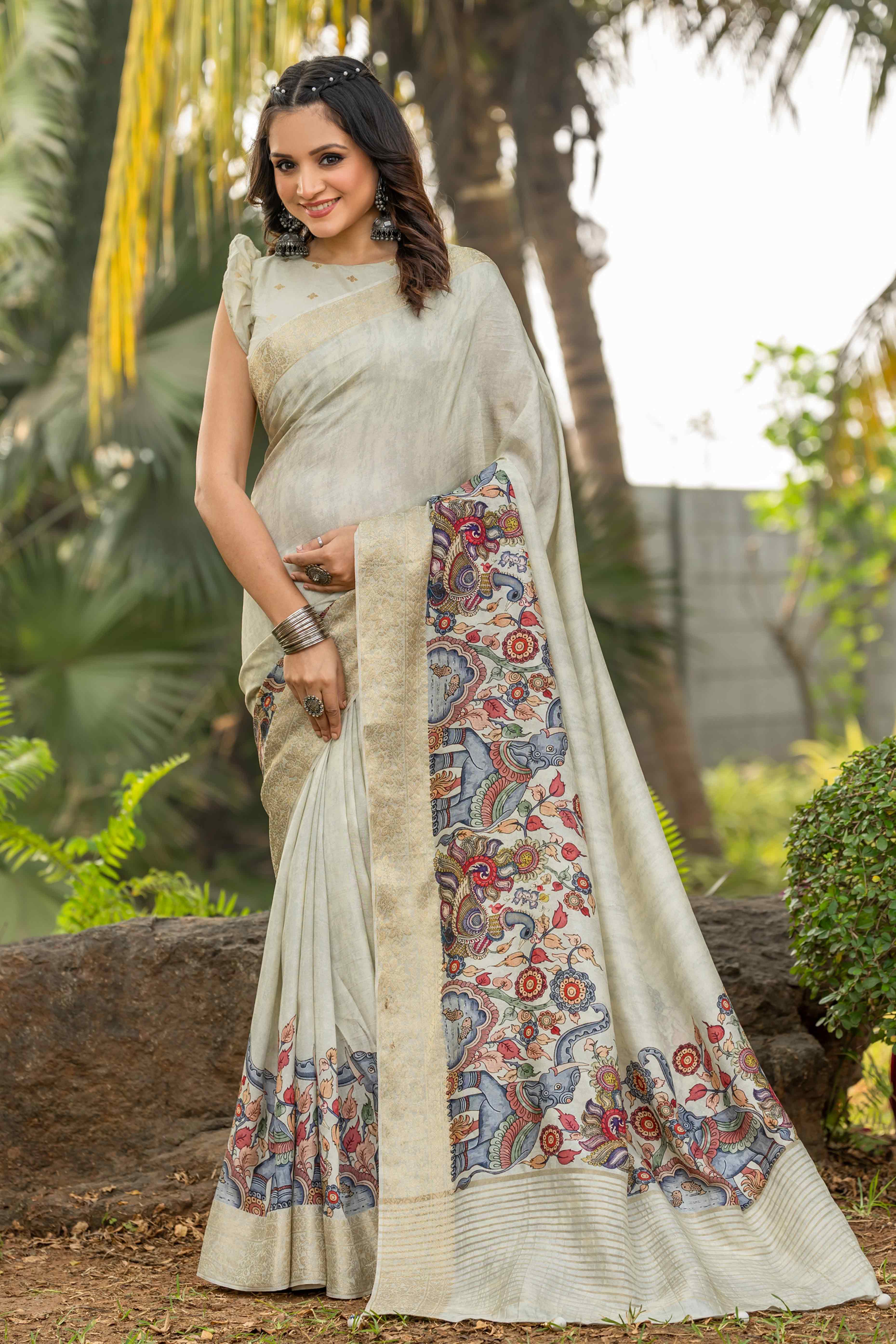 Light Green Floral Printed Viscose Saree