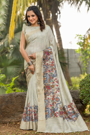 Light Green Floral Printed Viscose Saree