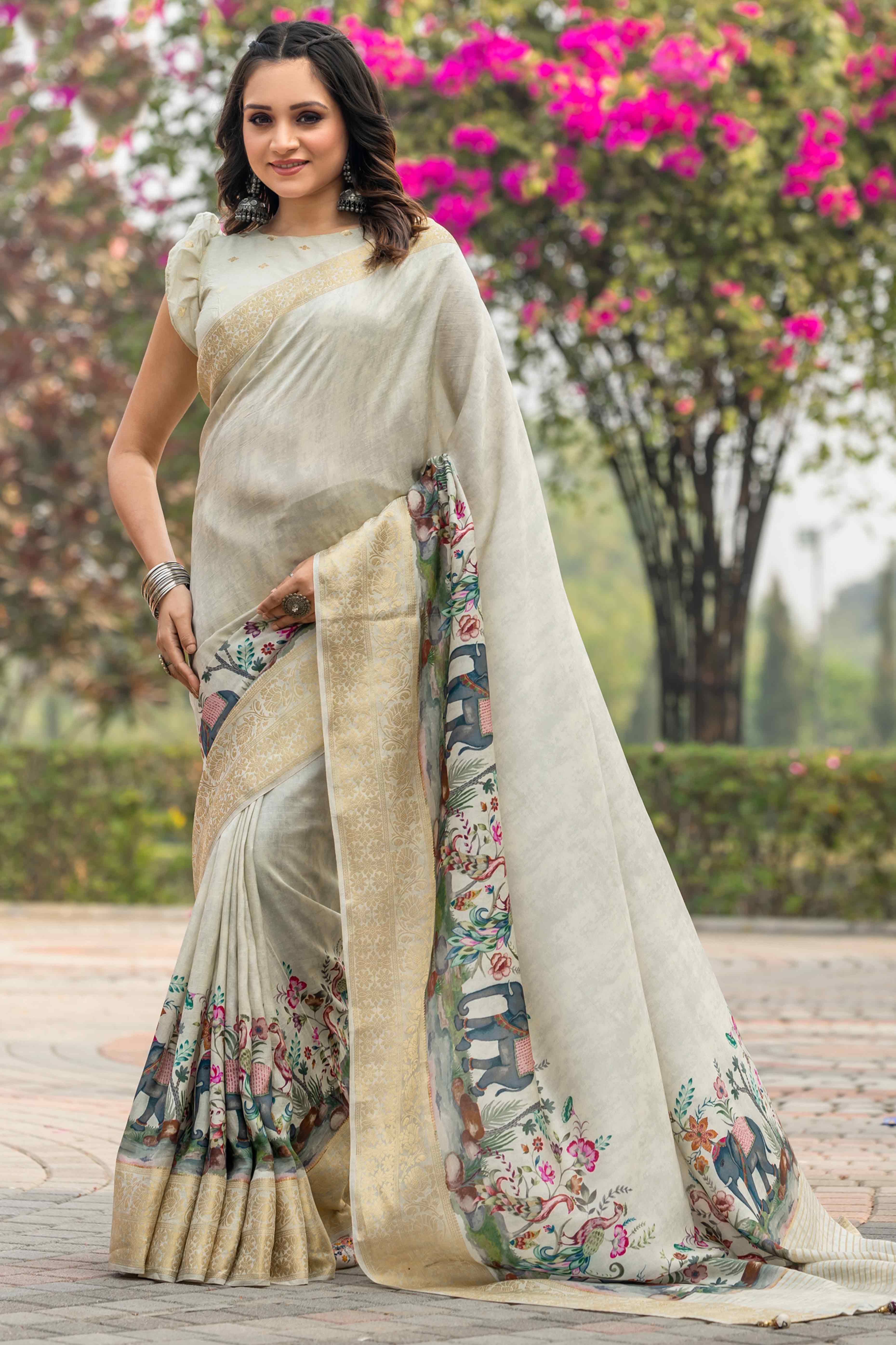 Light Green Floral Printed Viscose Saree