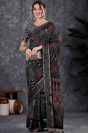 Black Dola Silk Saree Featuring Abstract Print & Jacquard Border