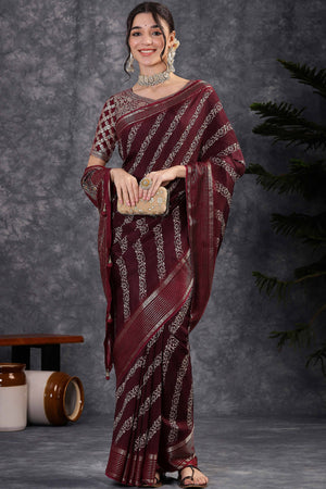 Abstract Pattern Dola Silk Saree in Wine with Jacquard Detailing