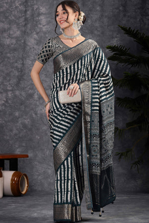 Abstract Pattern Dola Silk Saree in Morpich Green with Jacquard Detailing