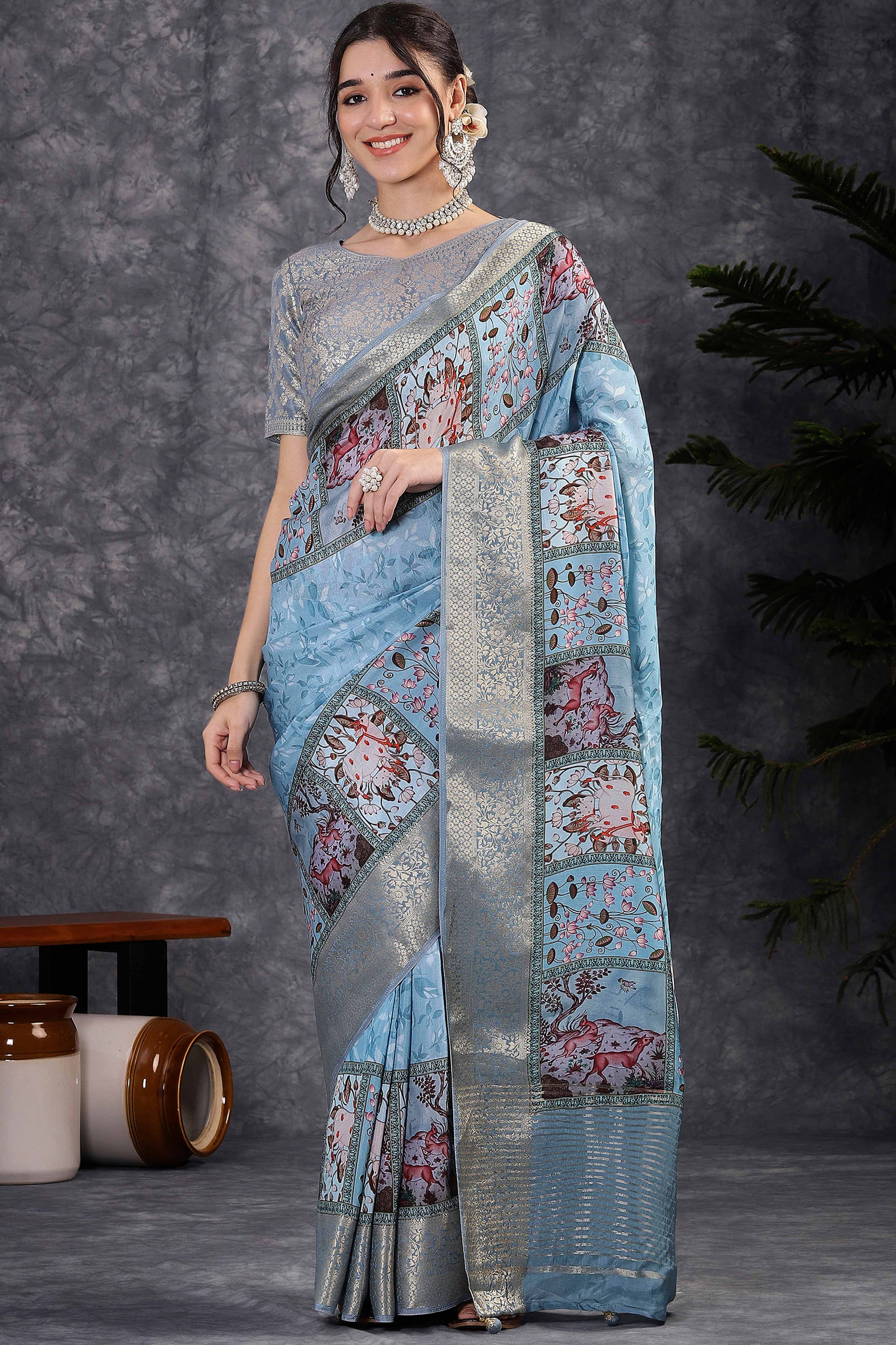 Abstract Pattern Dola Silk Saree in Sky Blue with Jacquard Detailing