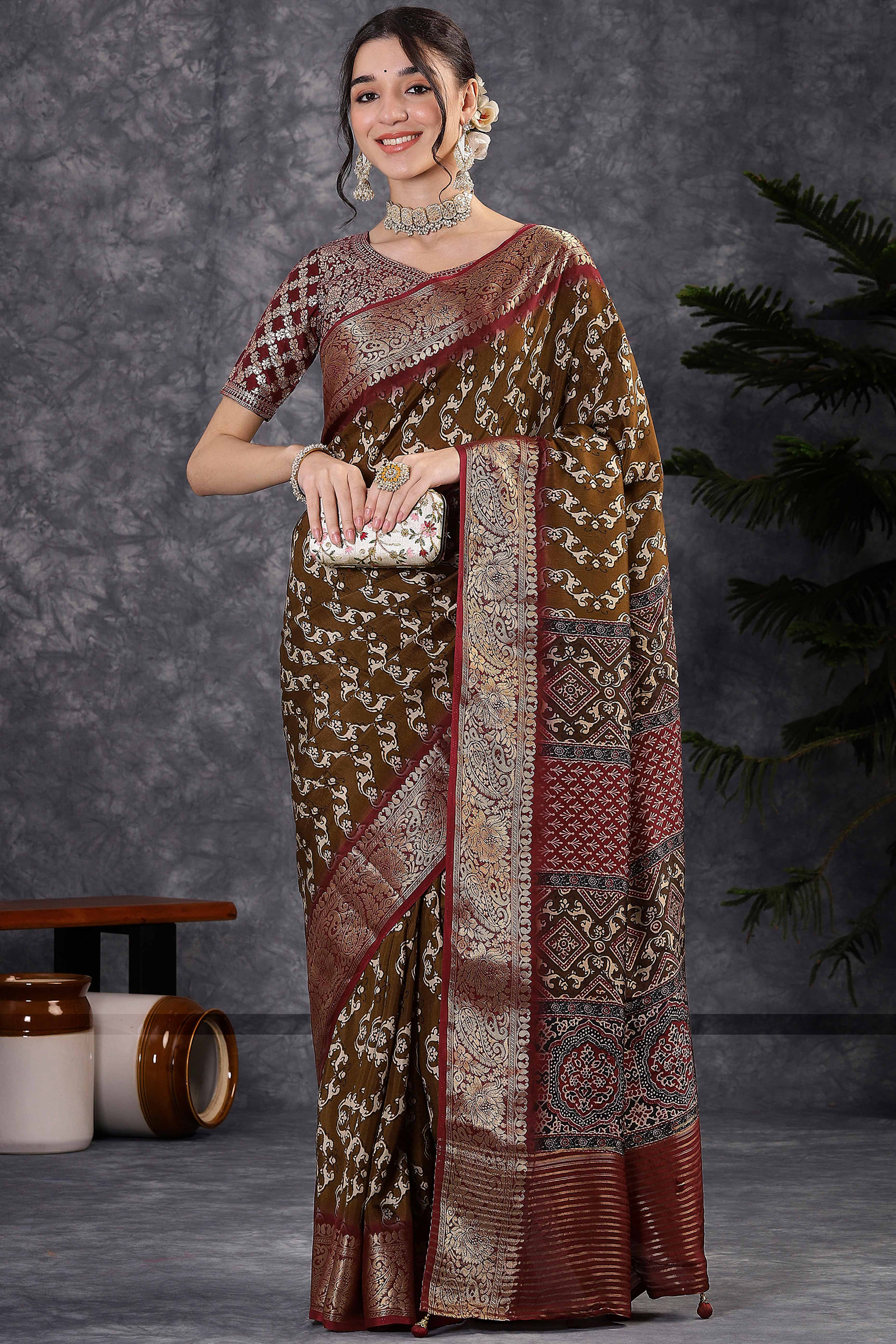 Abstract Pattern Dola Silk Saree in Brown with Jacquard Detailing