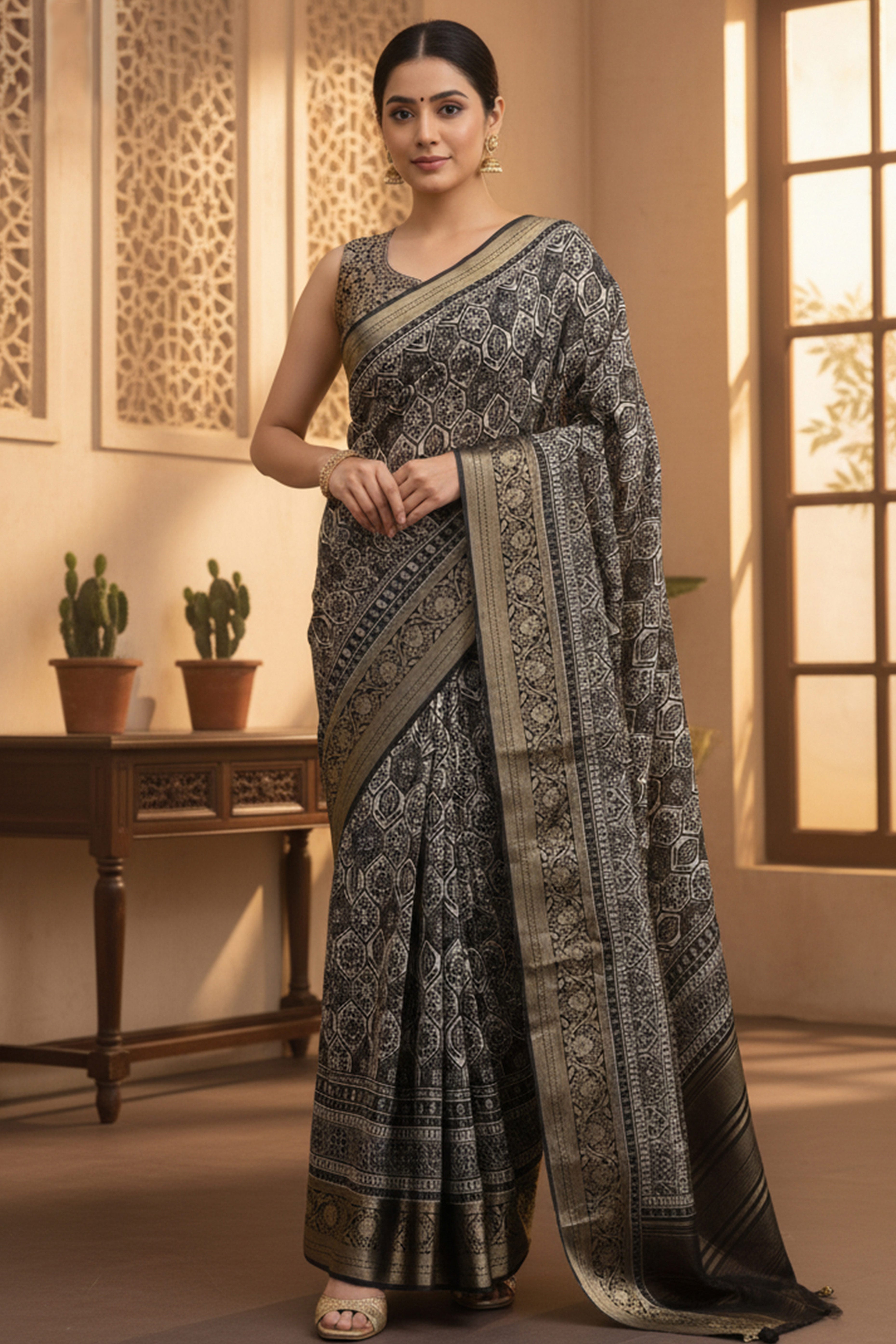 Elegant Black Floral Viscose Saree Highlighted With Intricate Weaving Border & Tassel Pallu