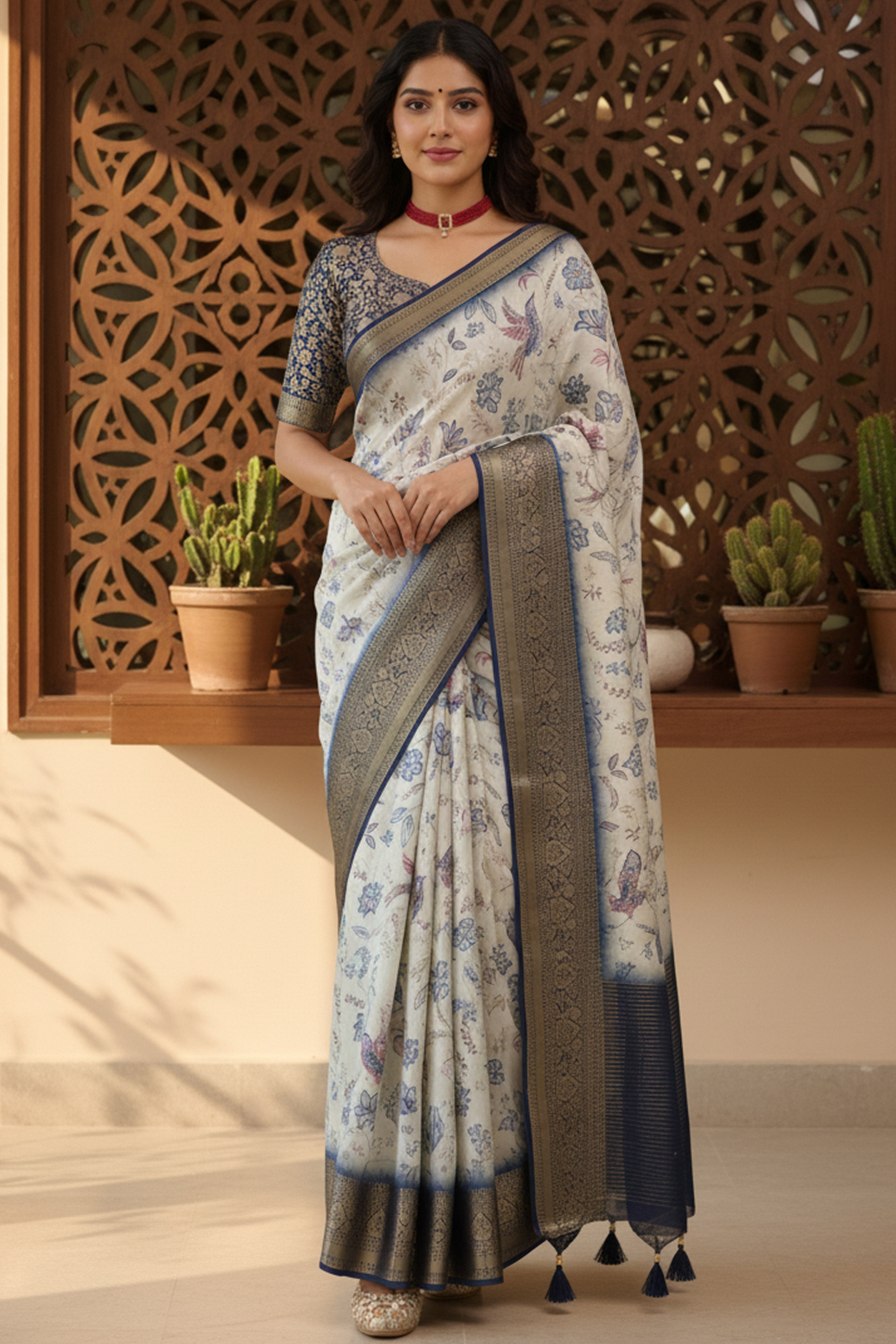 Elegant Offwhite Floral Viscose Saree Highlighted With Intricate Weaving Border & Tassel Pallu