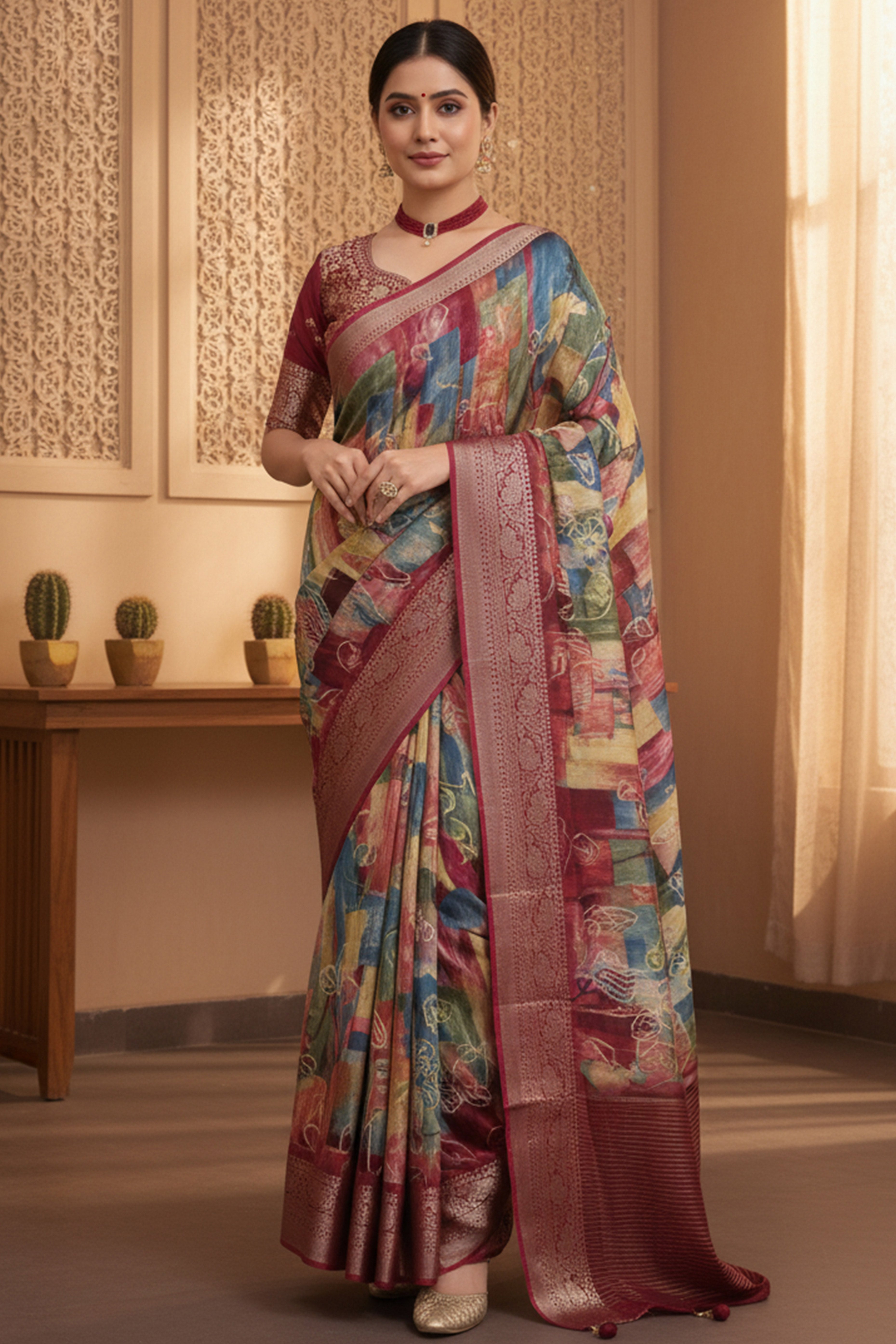 Elegant Multicolor Floral Viscose Saree Highlighted With Intricate Weaving Border & Tassel Pallu