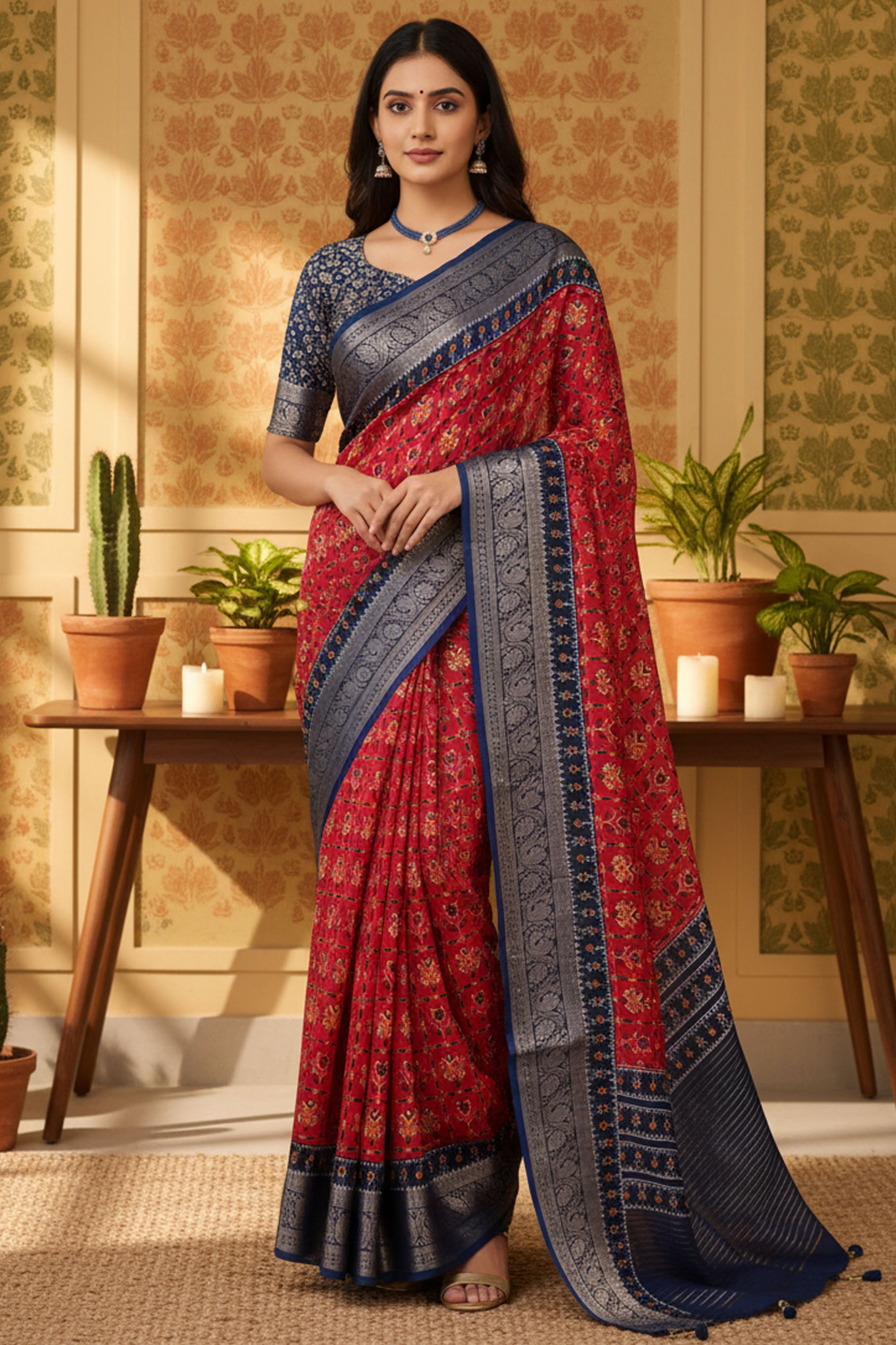 Elegant Red Floral Viscose Saree Highlighted With Intricate Weaving Border & Tassel Pallu
