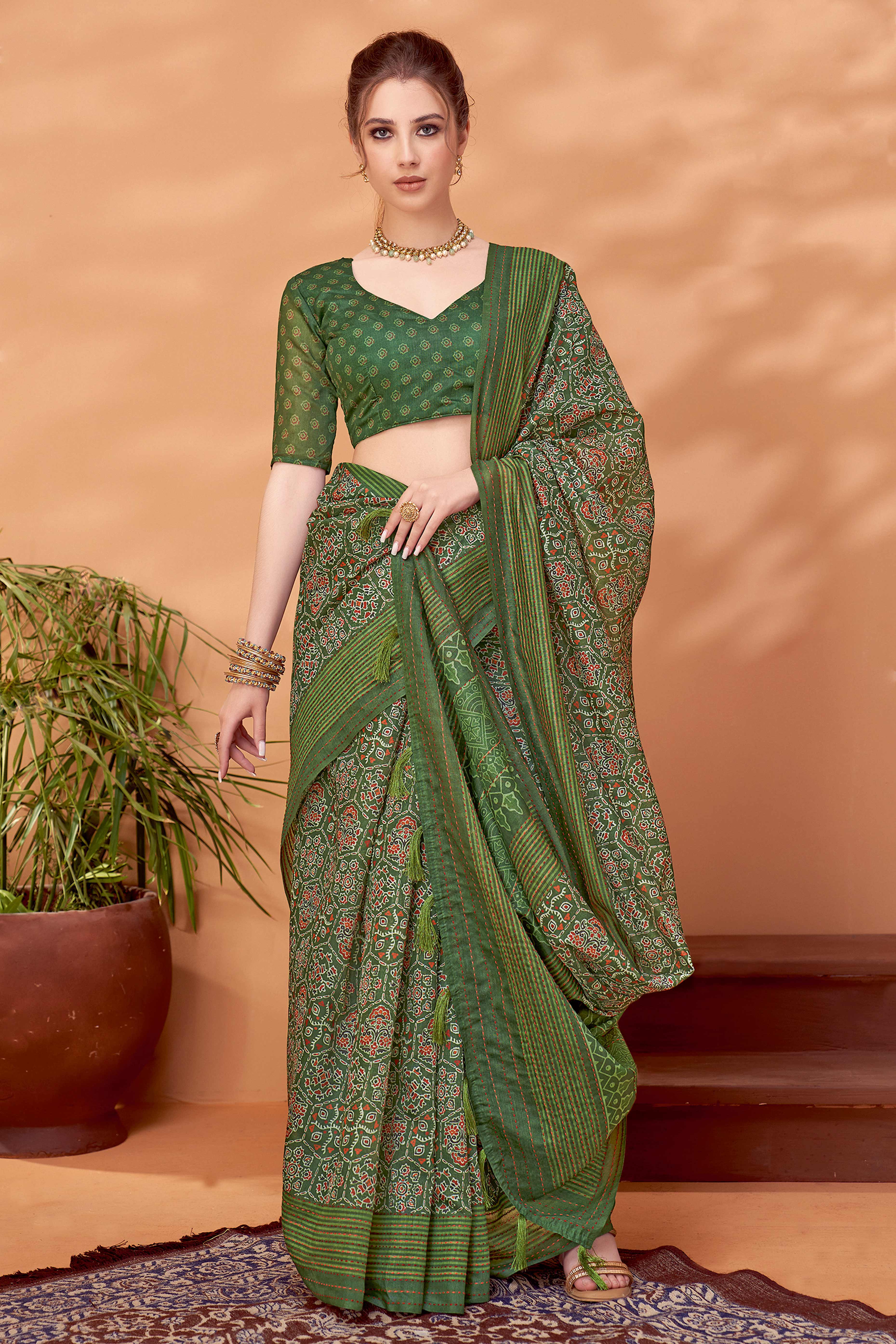 Green Handfeel Cotton Silk Saree Adorned with Traditional Ajrakh Motifs