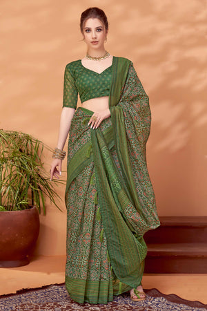 Green Handfeel Cotton Silk Saree Adorned with Traditional Ajrakh Motifs