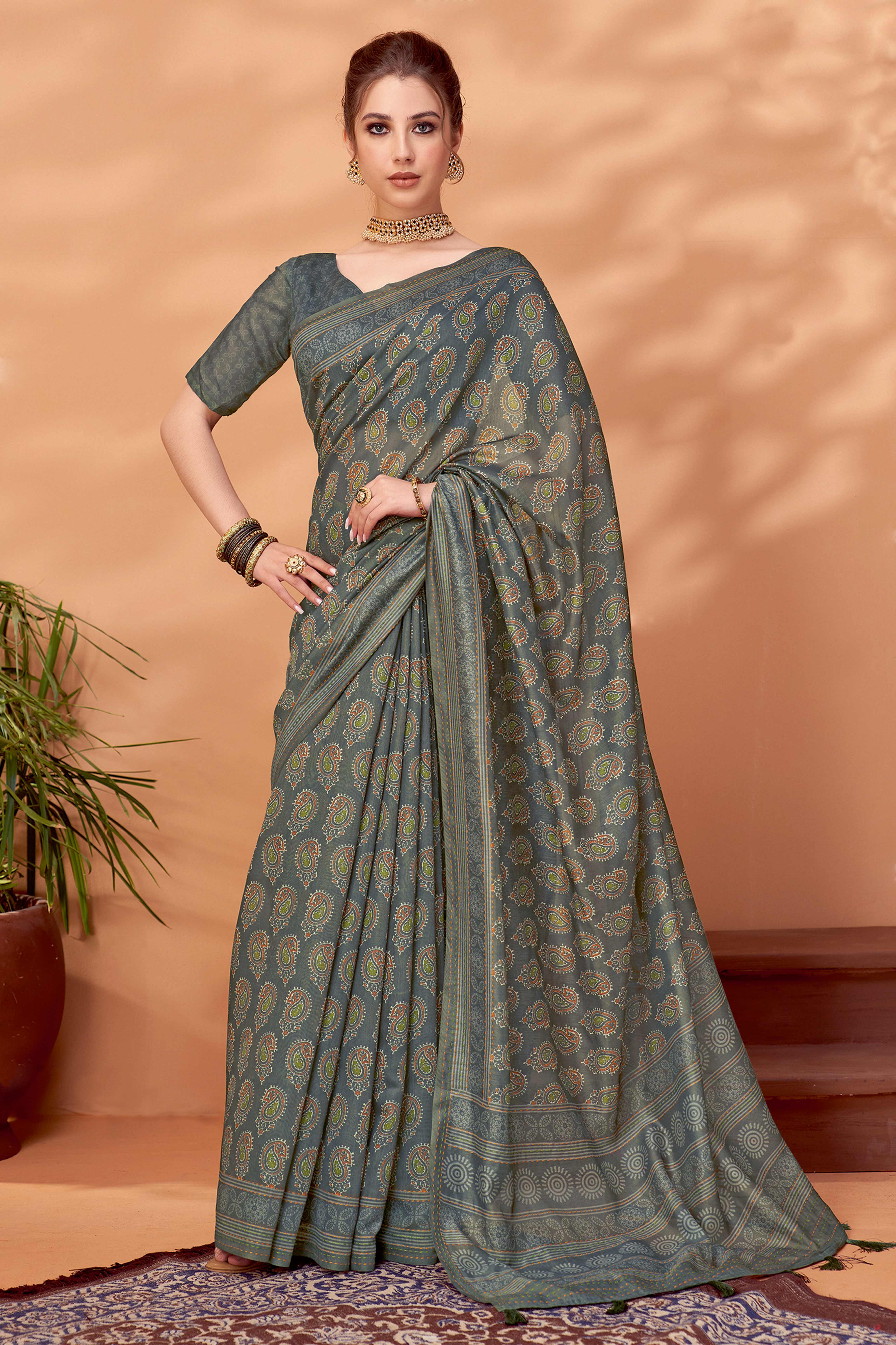 12Grey Handfeel Cotton Silk Saree Adorned with Traditional Ajrakh Motifs