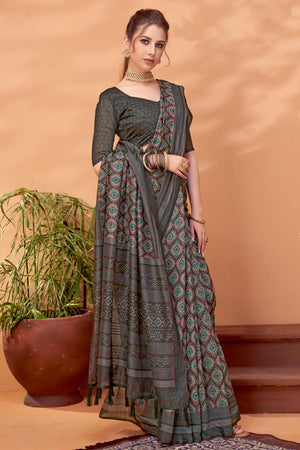 Grey Handfeel Cotton Silk Saree Adorned with Traditional Ajrakh Motifs