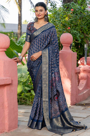 Blue Ajrakh Printed Pure Viscose Saree
