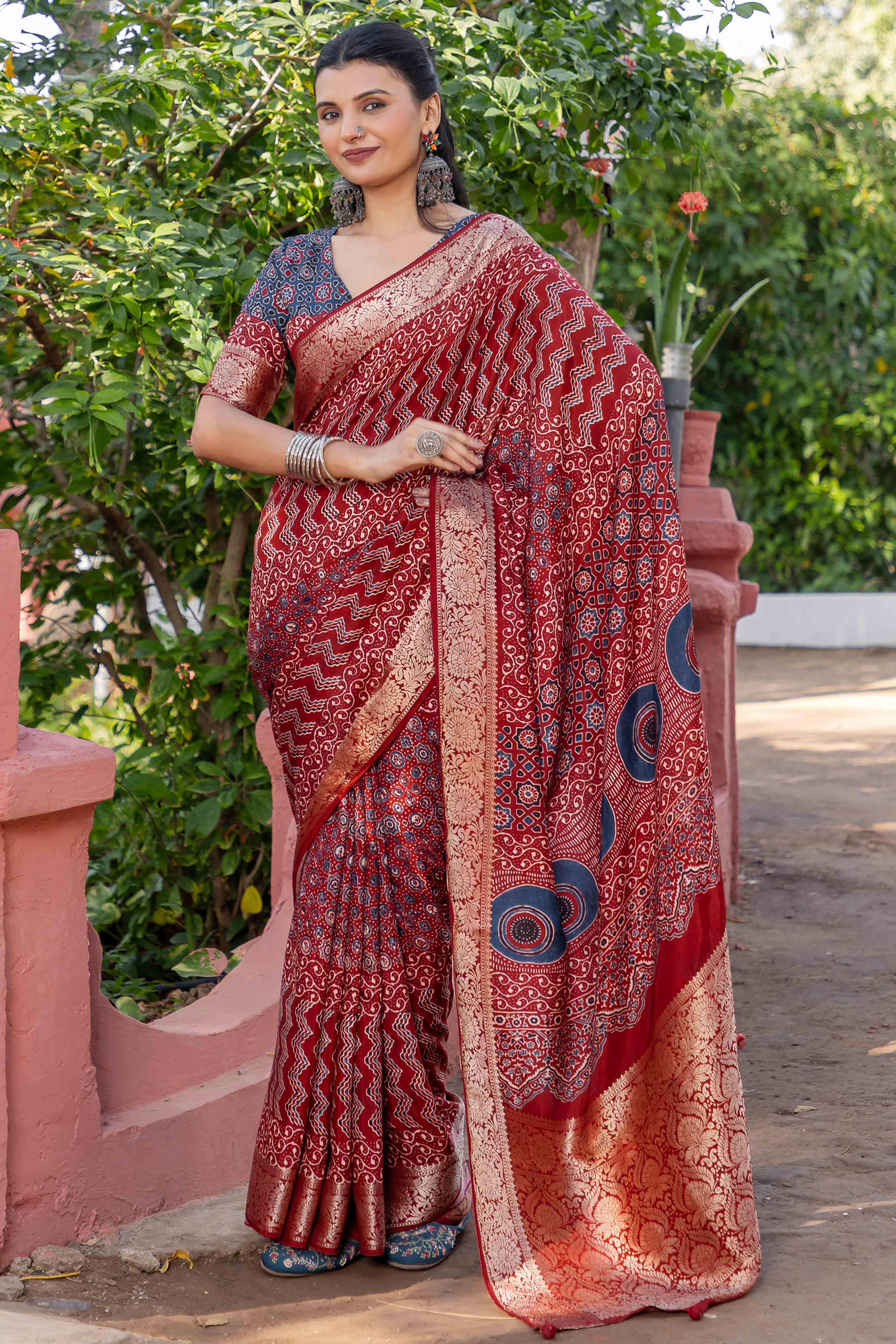 Red Ajrakh Printed Pure Viscose Saree