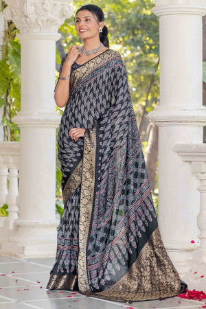 Black Ajrakh Printed Pure Viscose Saree