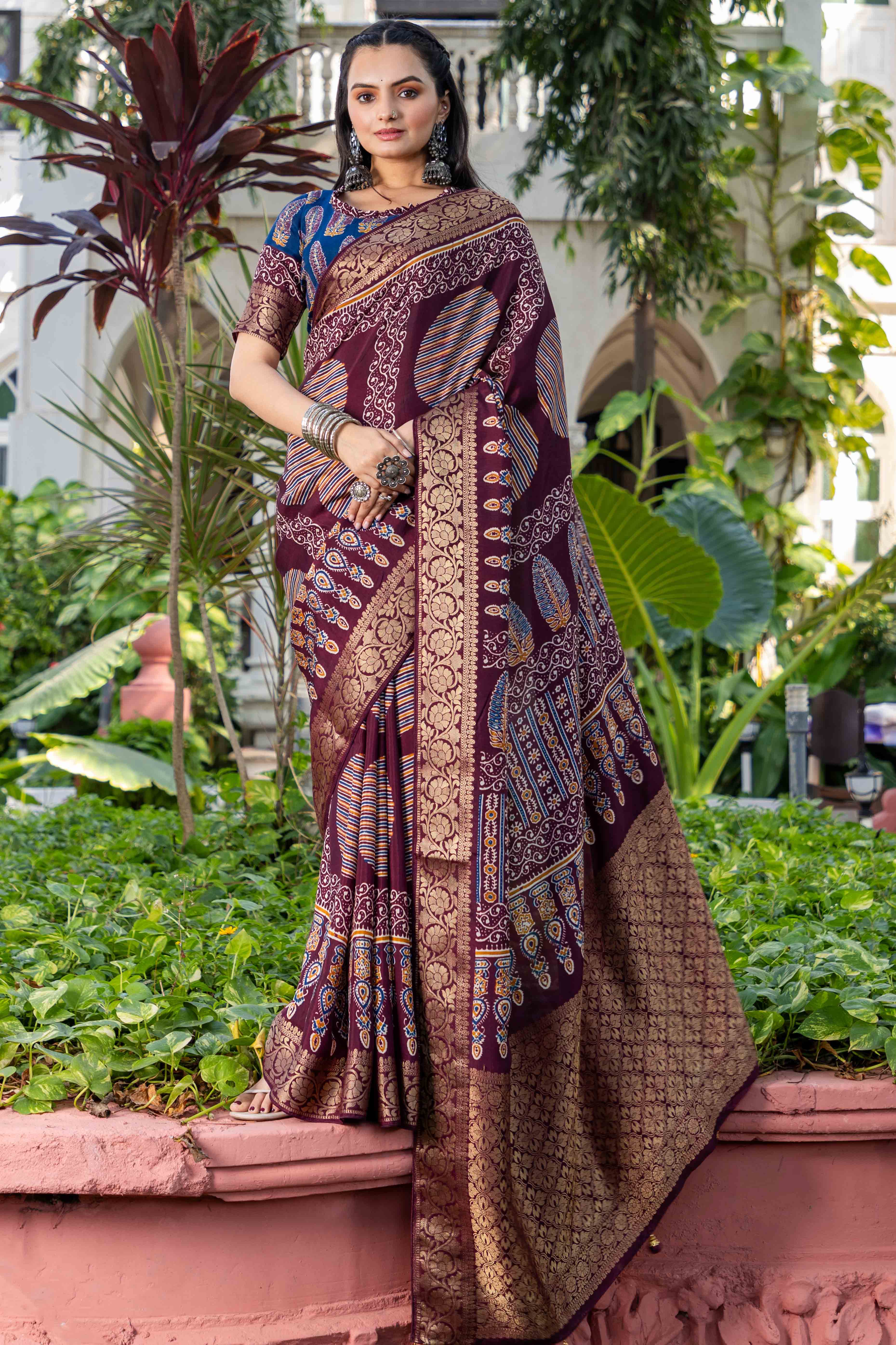 Wine Ajrakh Printed Pure Viscose Saree