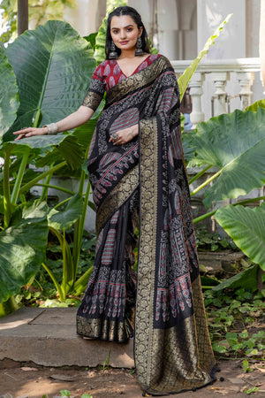 Black Ajrakh Printed Pure Viscose Saree