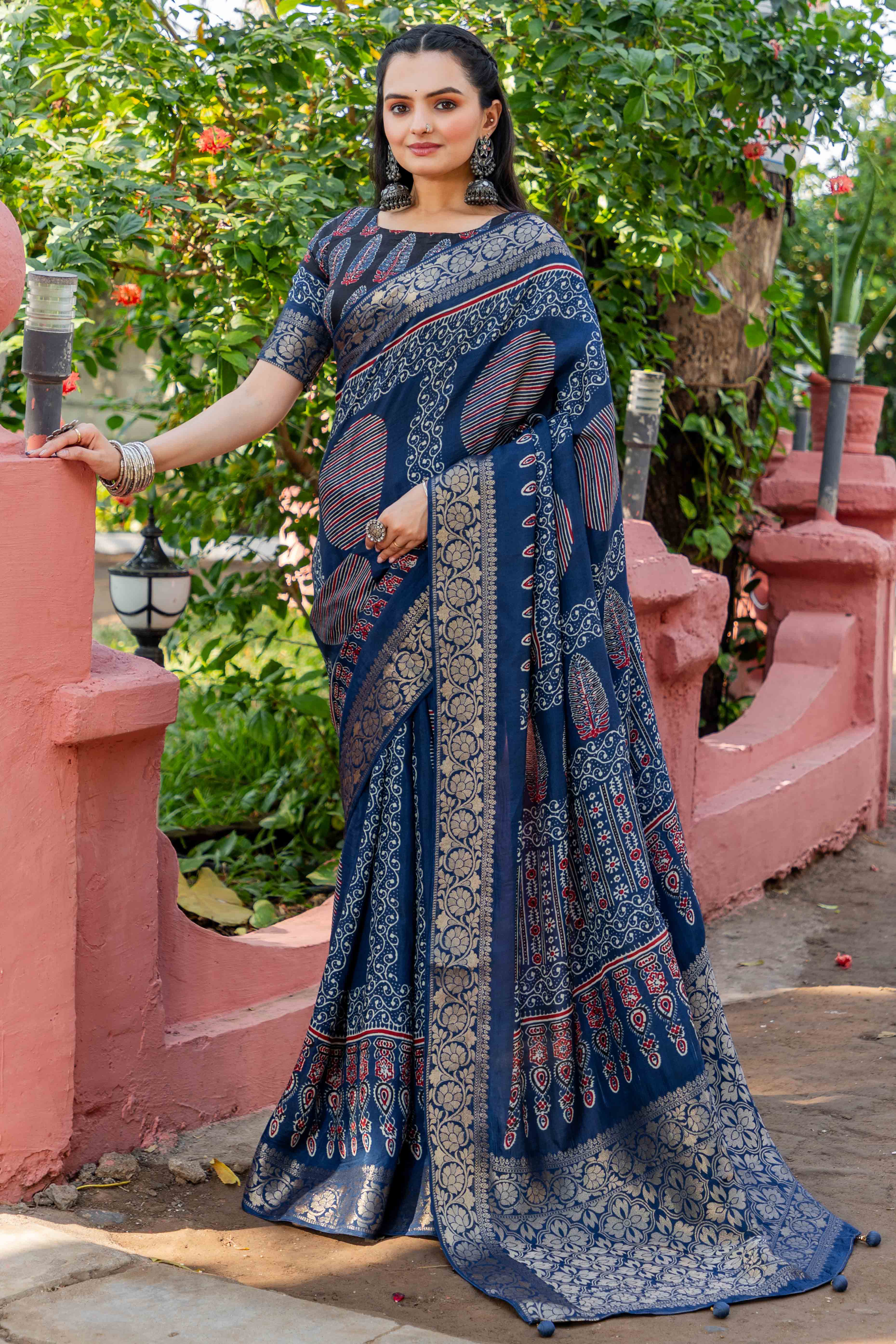 Teal Ajrakh Printed Pure Viscose Saree