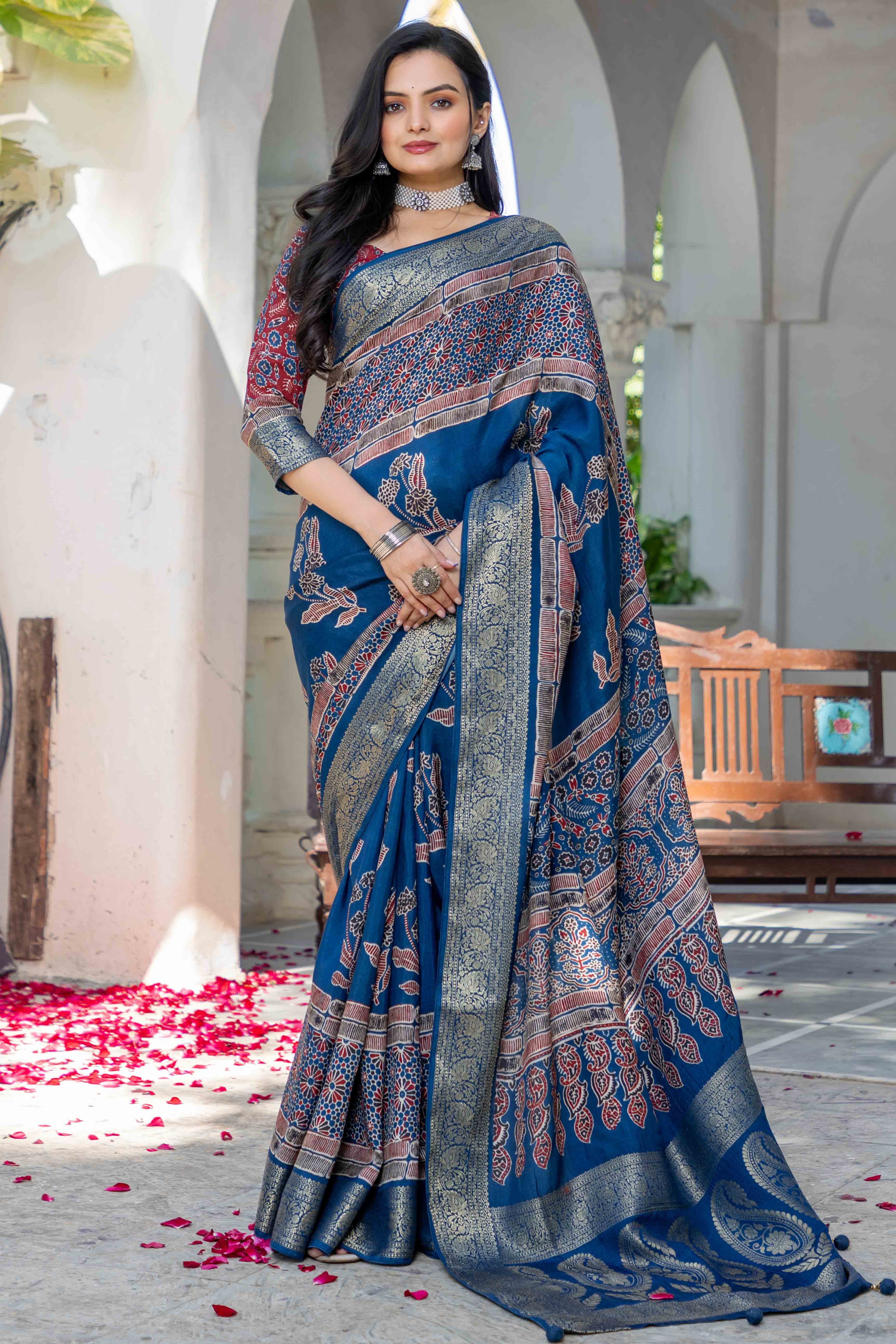 Teal Ajrakh Printed Pure Viscose Saree