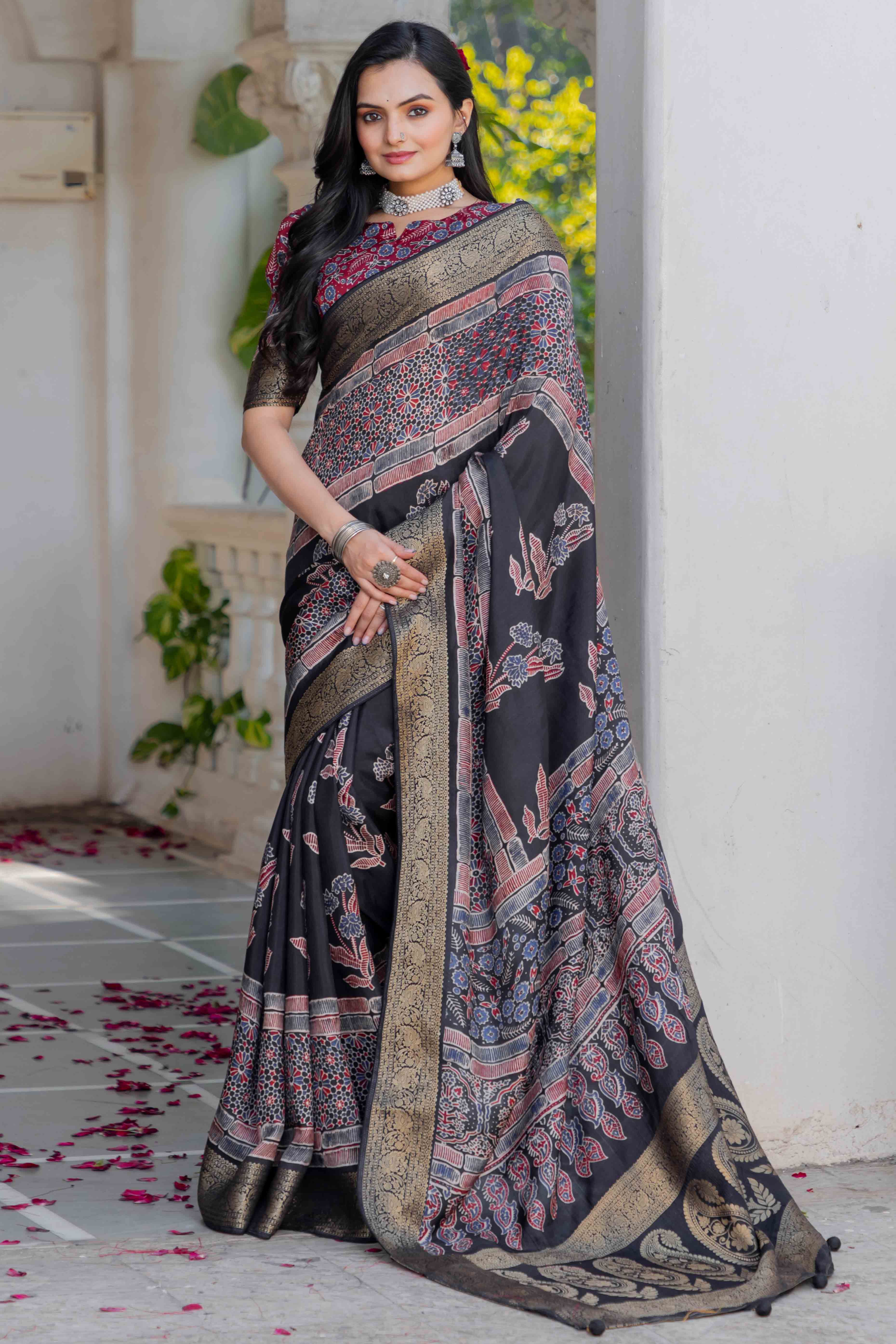 Black Ajrakh Printed Pure Viscose Saree