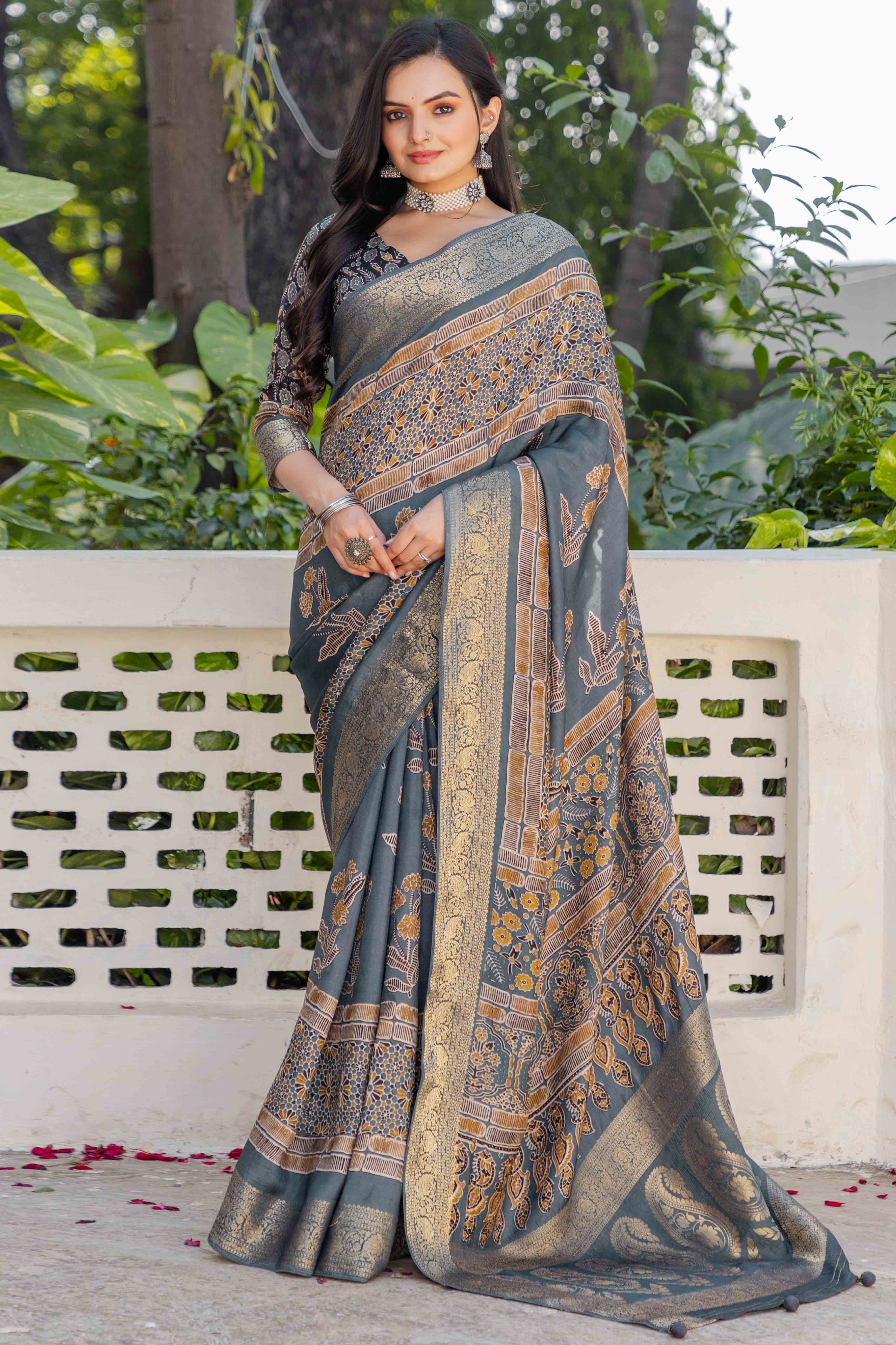 Grey Ajrakh Printed Pure Viscose Saree