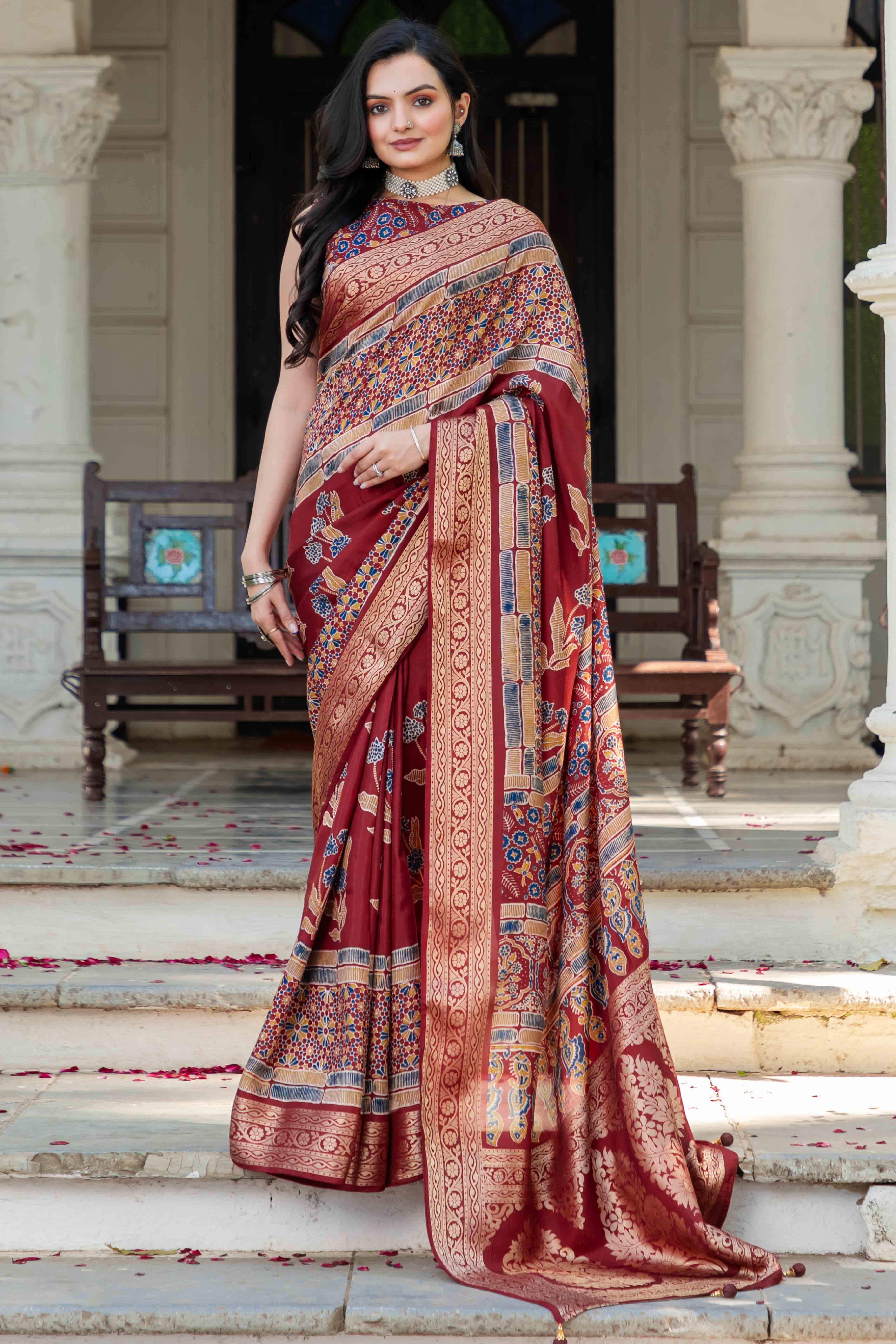 Maroon Ajrakh Printed Pure Viscose Saree
