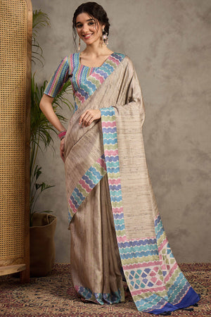 Tradition in Geometric Print Beige Cotton Silk Handloom Saree