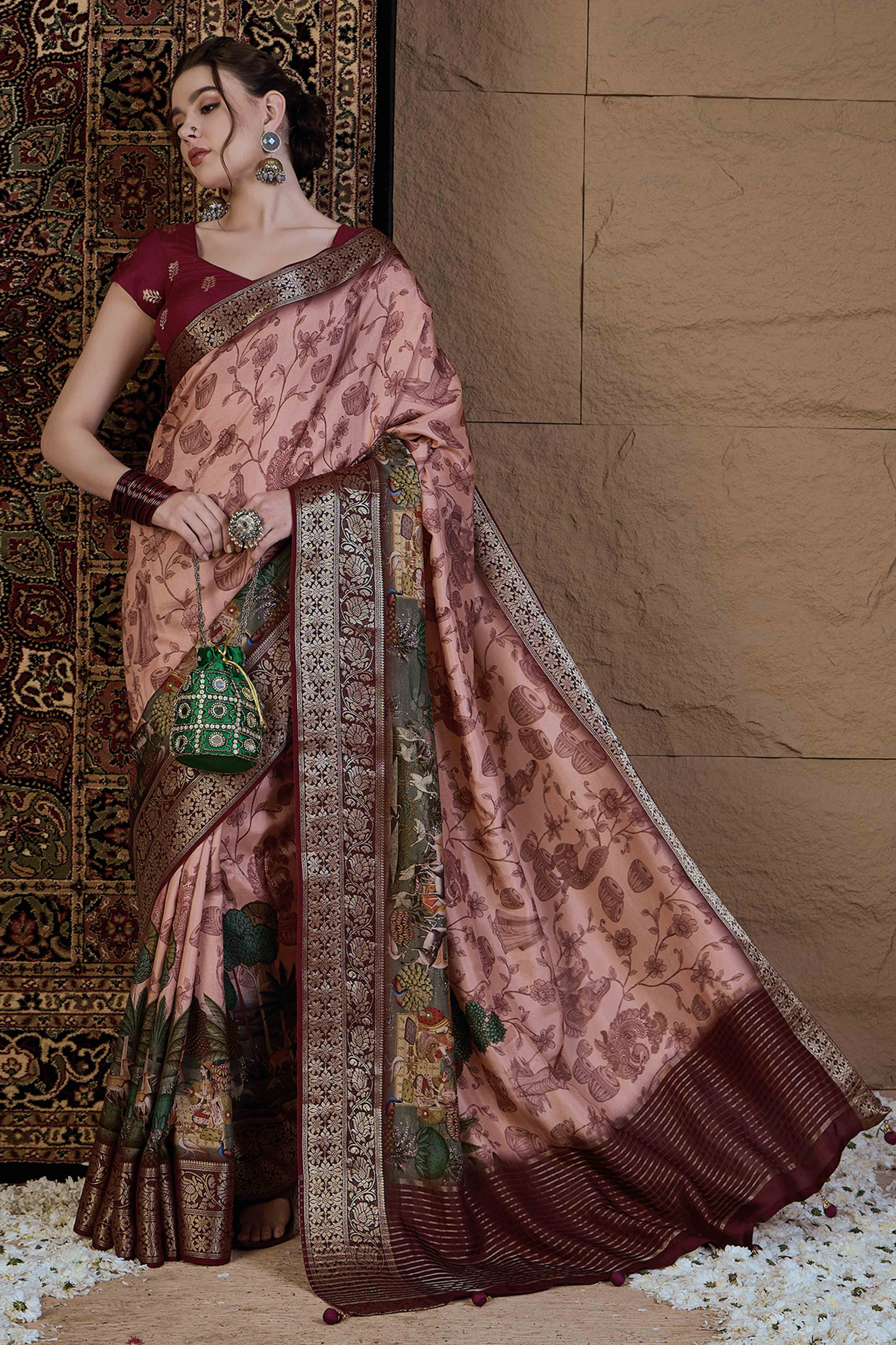 Peach Floral Printed Viscose Saree