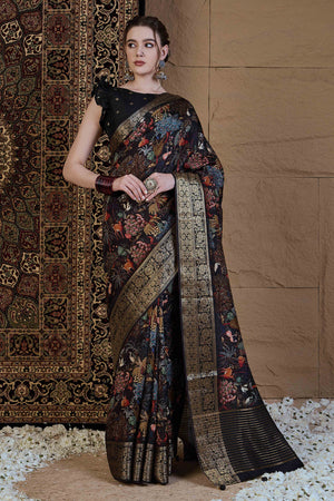 Black Floral Printed Viscose Saree
