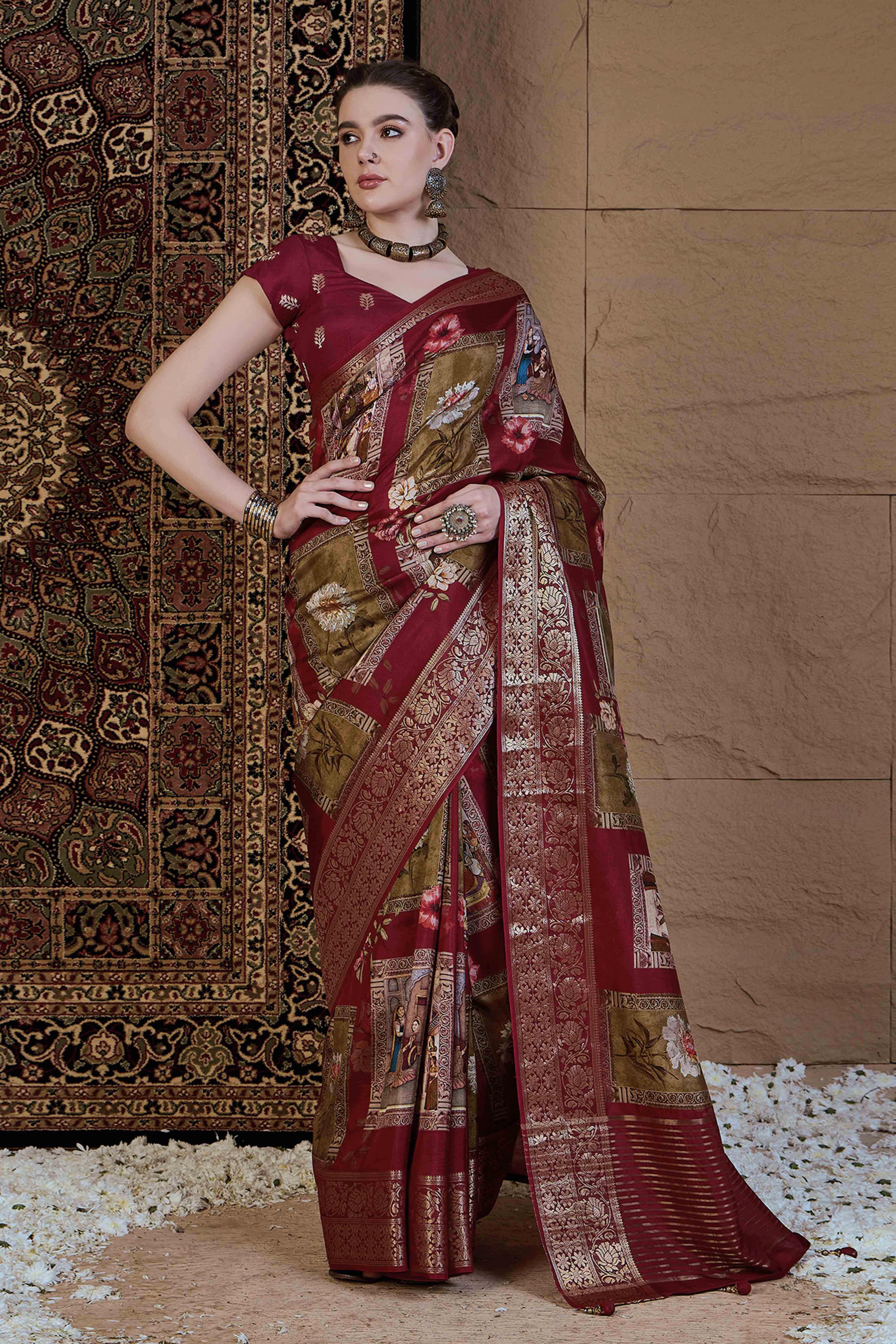Maroon & Green Floral Printed Viscose Saree