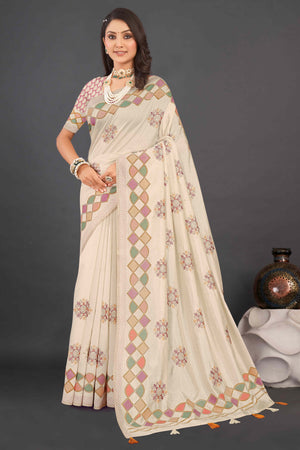 Beige Embroidered Linen Saree With Kantha Work & Tassel Border