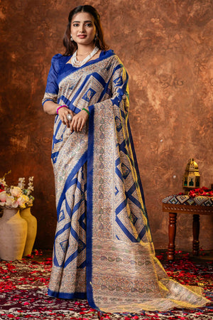 Blue Tussar Silk Saree with Traditional Mughal Prints