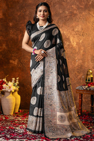 Black Tussar Silk Saree with Traditional Mughal Prints