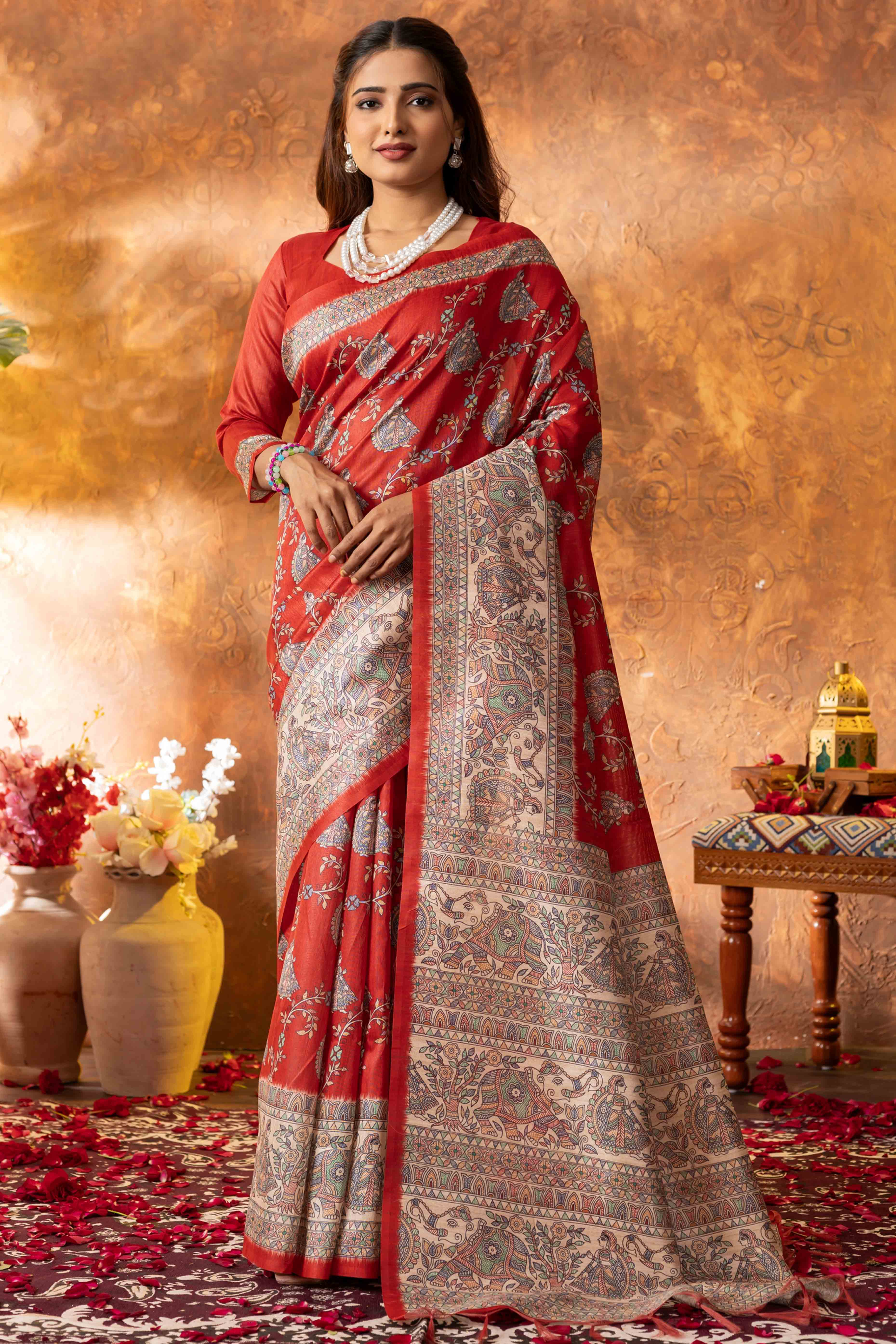 Red Tussar Silk Saree with Traditional Mughal Prints