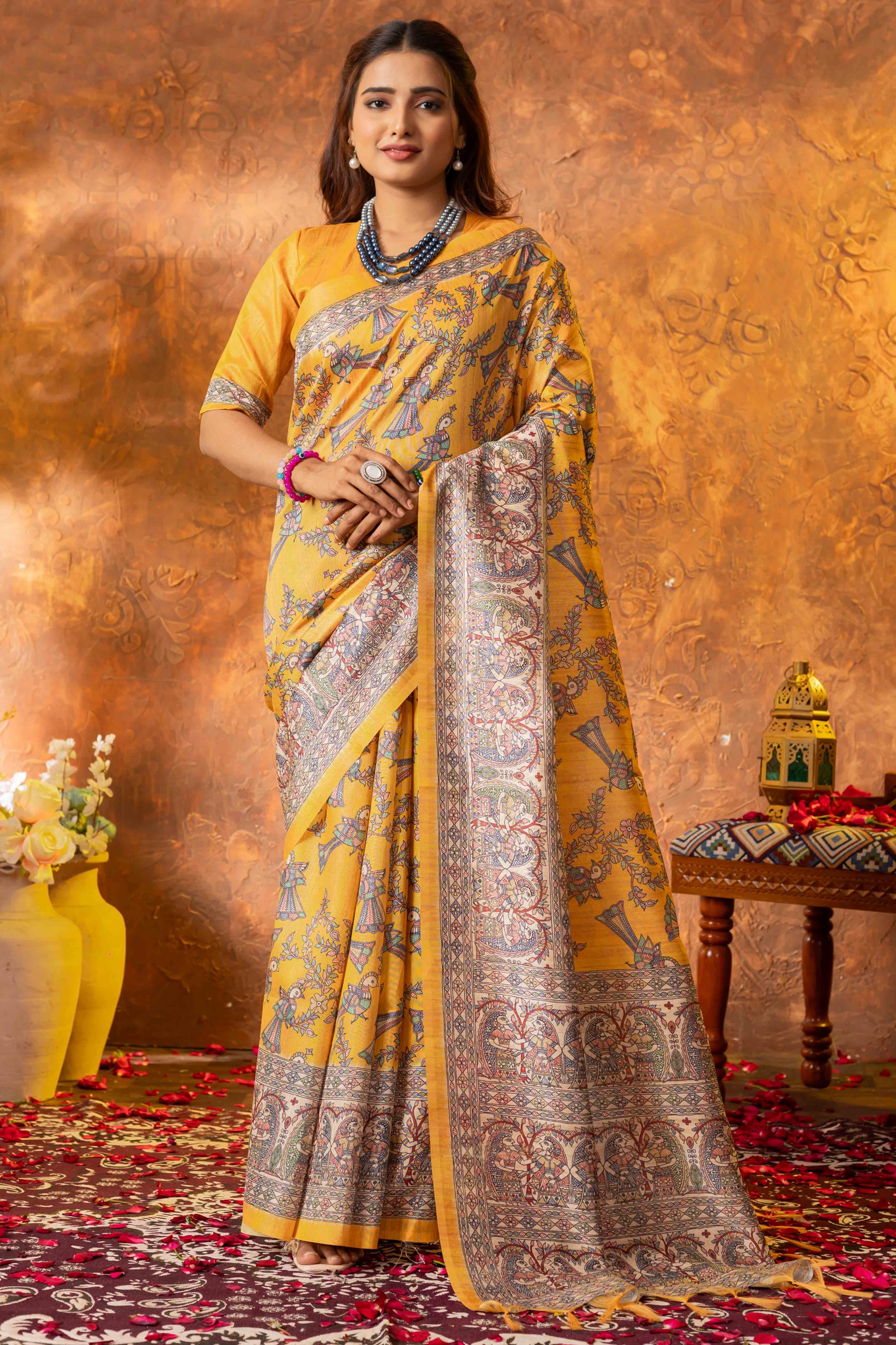 Mustard Tussar Silk Saree with Traditional Mughal Prints