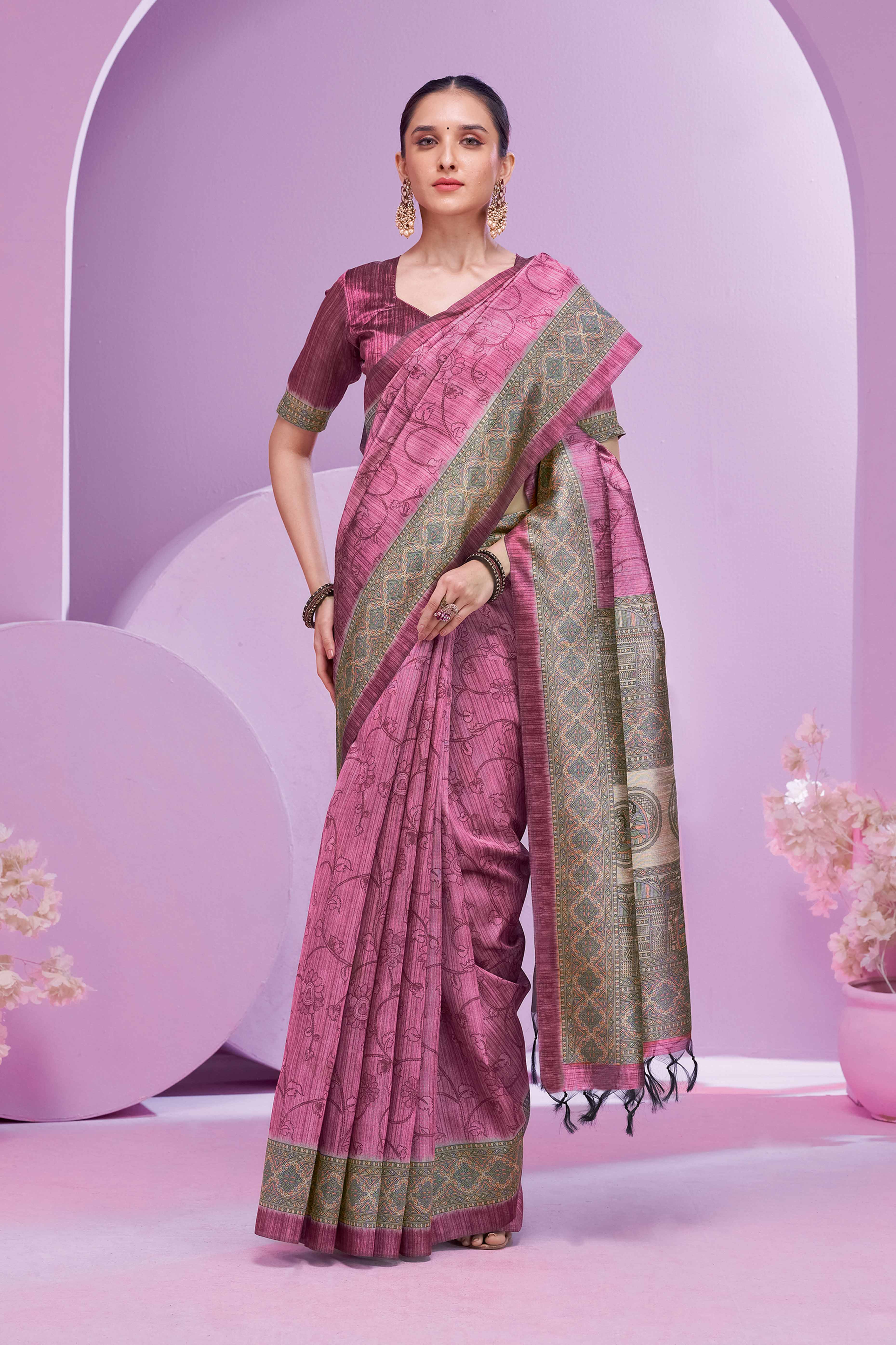 Mauve Ethnic Cotton Silk Saree Adorned with Madhubani Florals Print