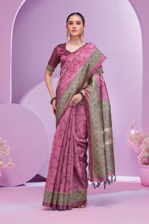 Mauve Ethnic Cotton Silk Saree Adorned with Madhubani Florals Print