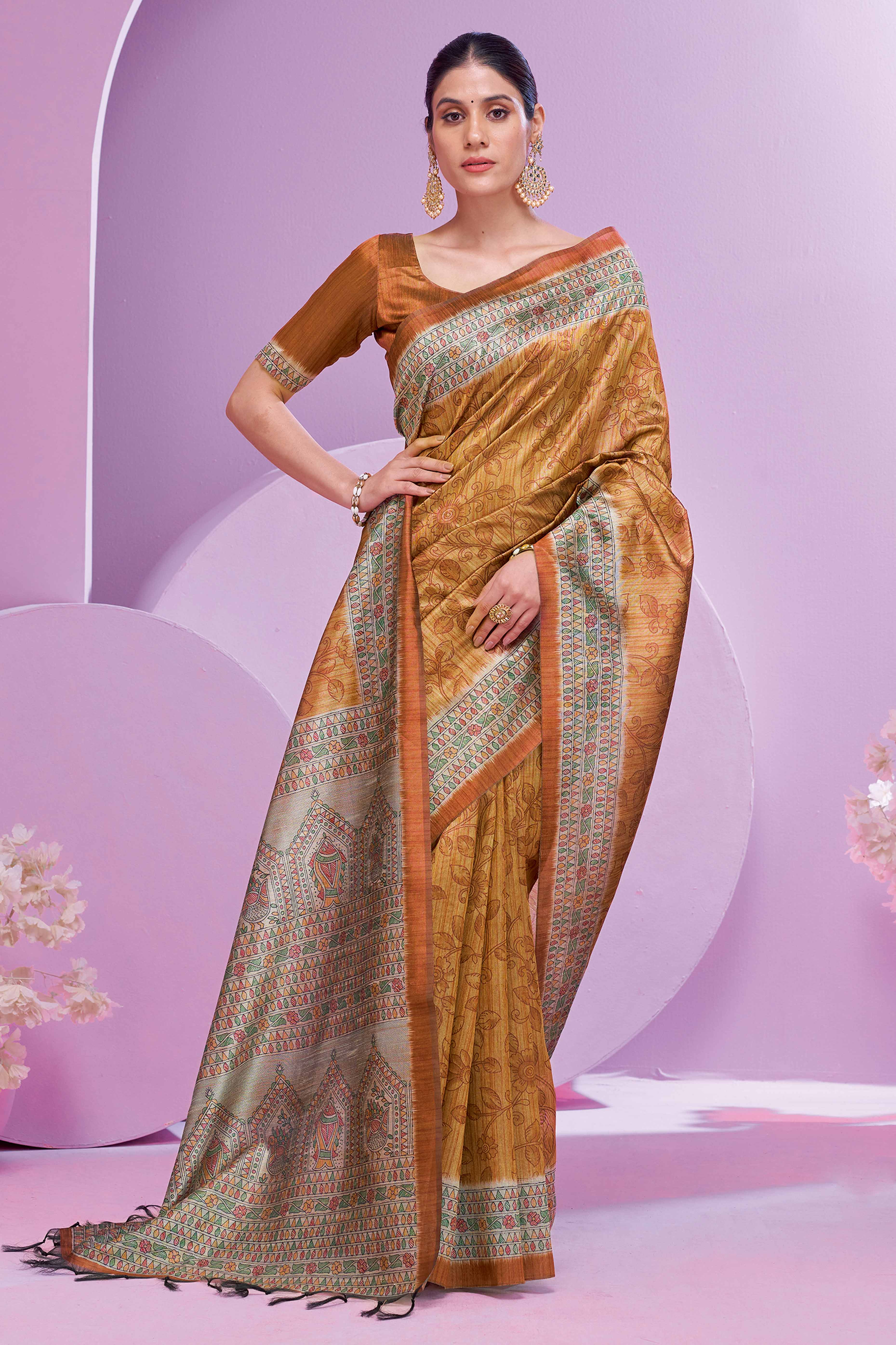 Brown Ethnic Cotton Silk Saree Adorned with Madhubani Florals Print