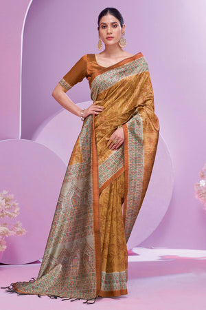 Brown Ethnic Cotton Silk Saree Adorned with Madhubani Florals Print