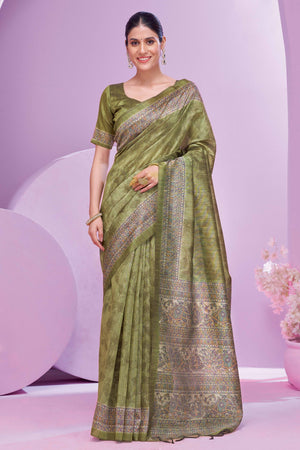 Green Ethnic Cotton Silk Saree Adorned with Madhubani Florals Print