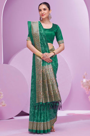 Rama Green Ethnic Cotton Silk Saree Adorned with Madhubani Florals Print
