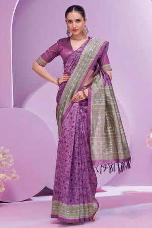 Purple Ethnic Cotton Silk Saree Adorned with Madhubani Florals Print