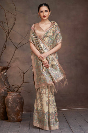 Elegant Beige Madhubani Printed Saree in Cotton Silk