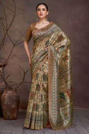Beige Ethnic Cotton Silk Saree with Delicate Floral Madhubani Motifs