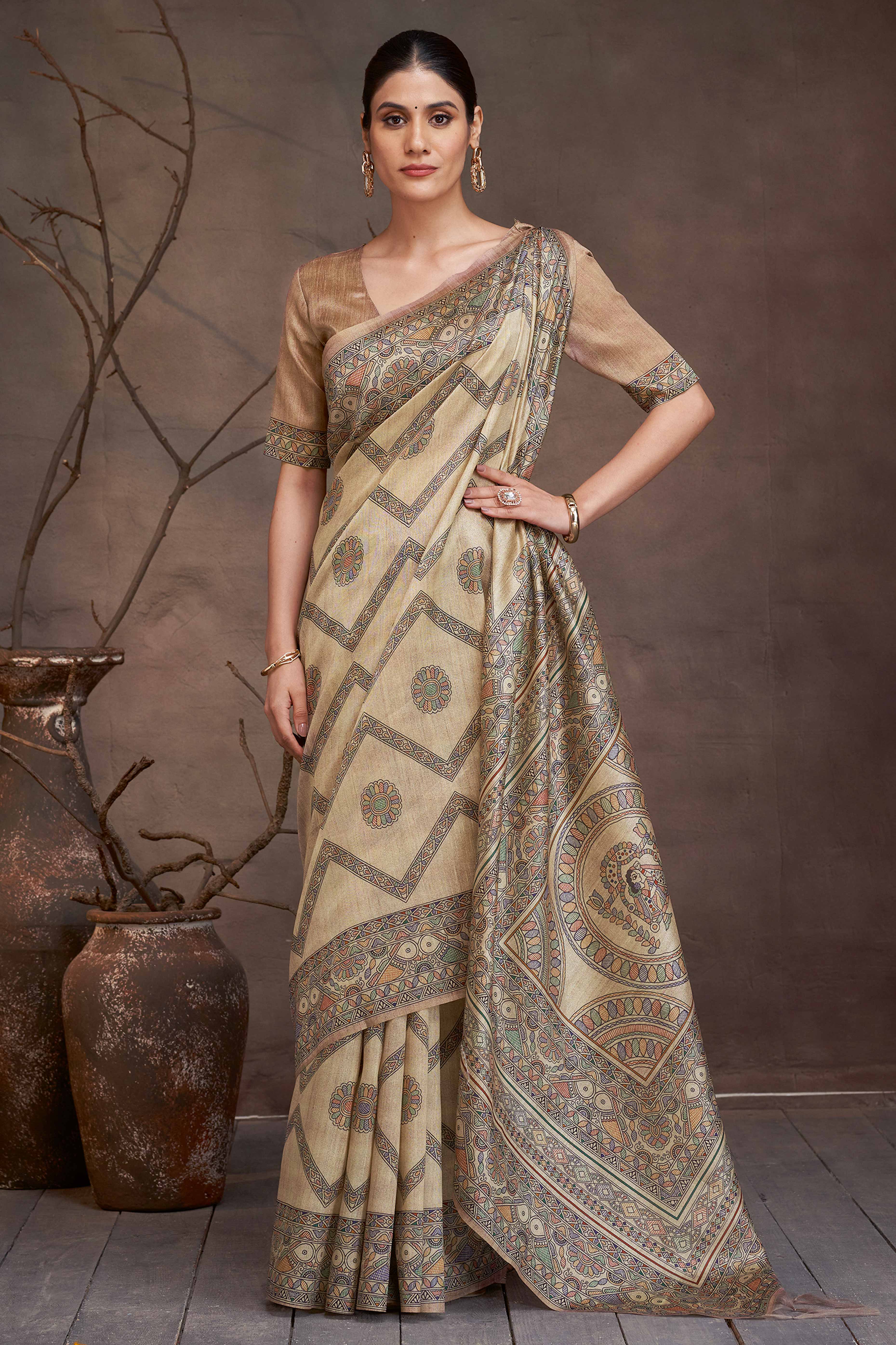 Handcrafted Charm Beige Madhubani Floral Print Cotton Silk Saree